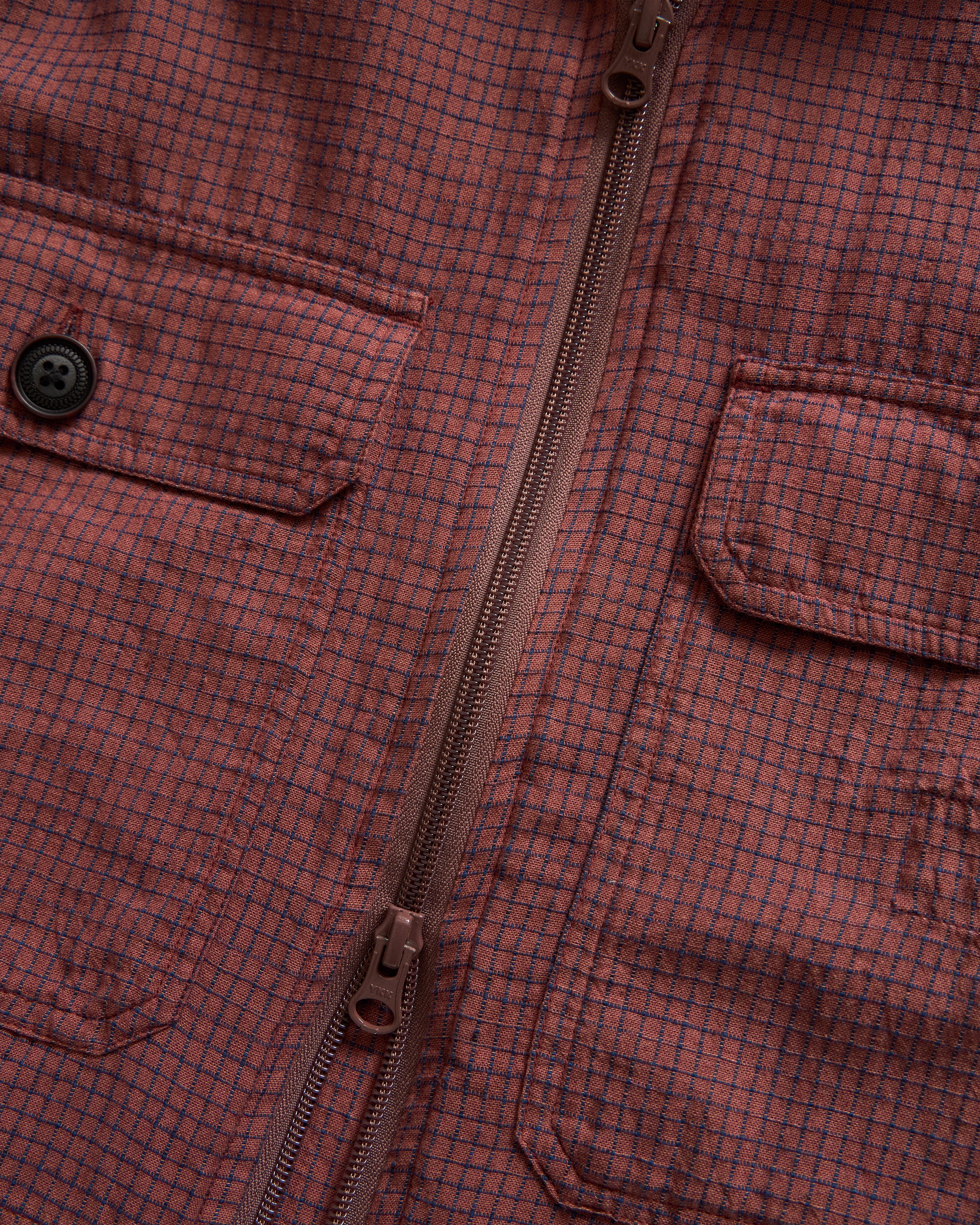 FULL ZIP CALEB SHIRT - BRICK & INDIGO HANDLOOM "BRICKSTOP" COTTON