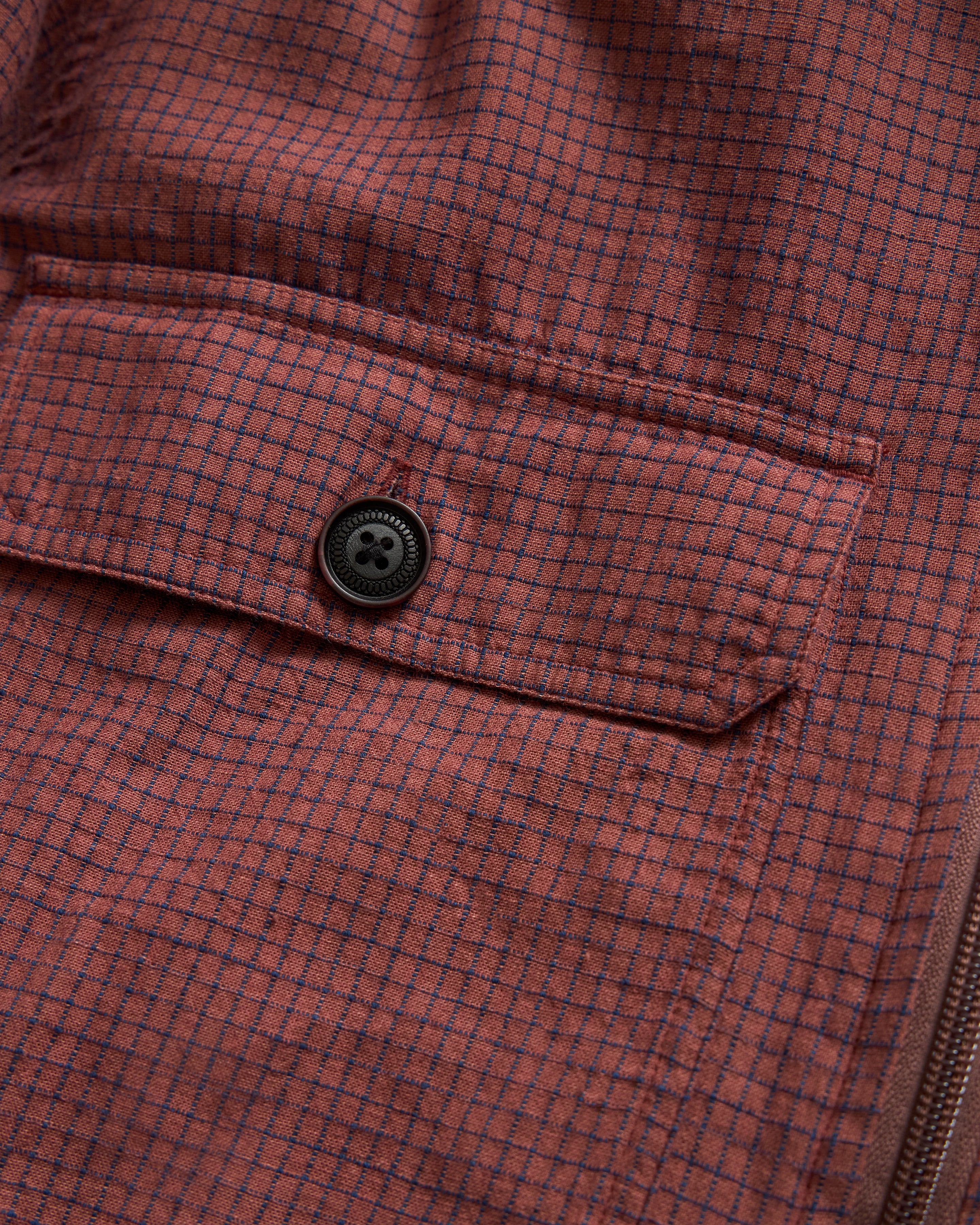 FULL ZIP CALEB SHIRT - BRICK & INDIGO HANDLOOM "BRICKSTOP" COTTON