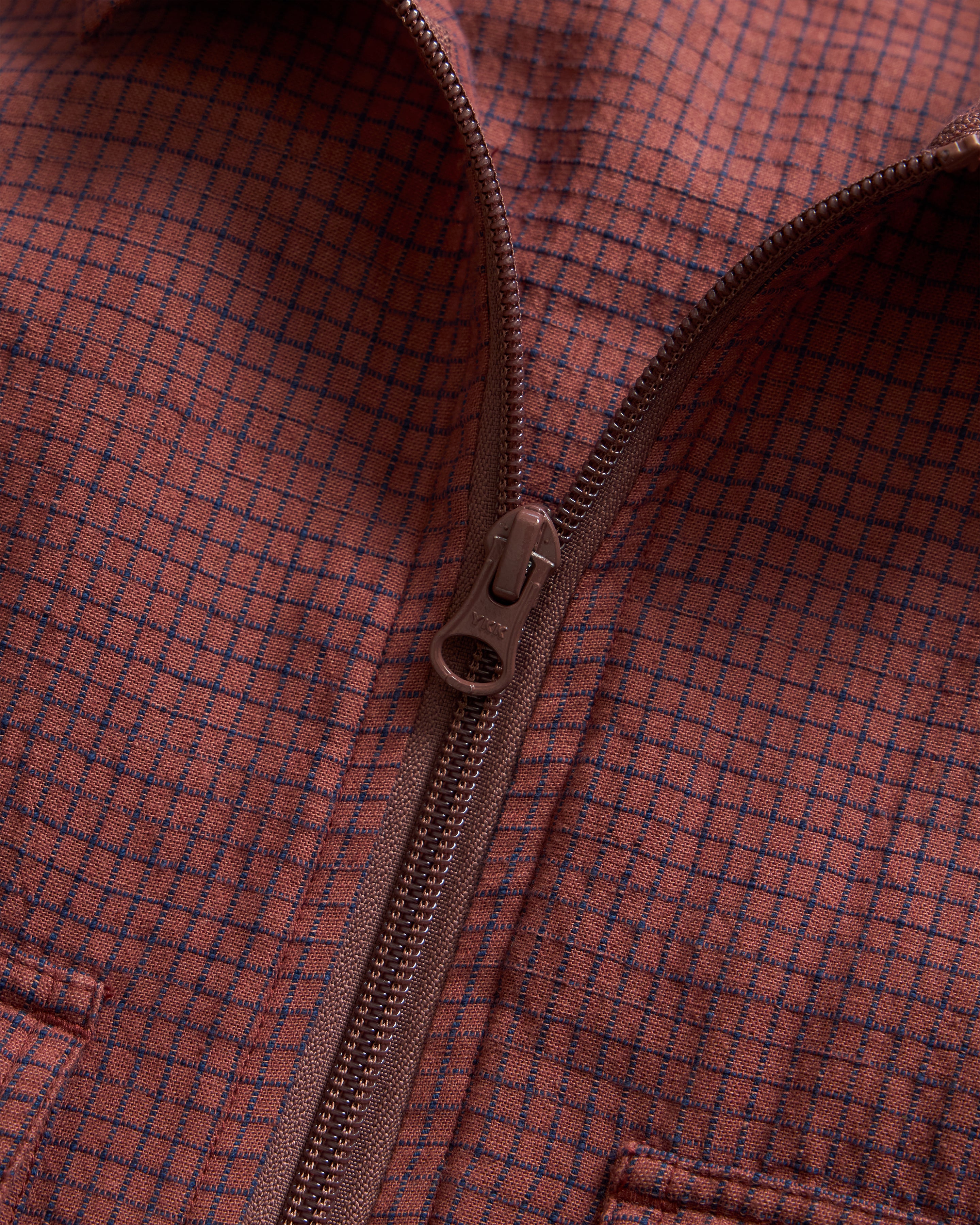 FULL ZIP CALEB SHIRT - BRICK & INDIGO HANDLOOM "BRICKSTOP" COTTON