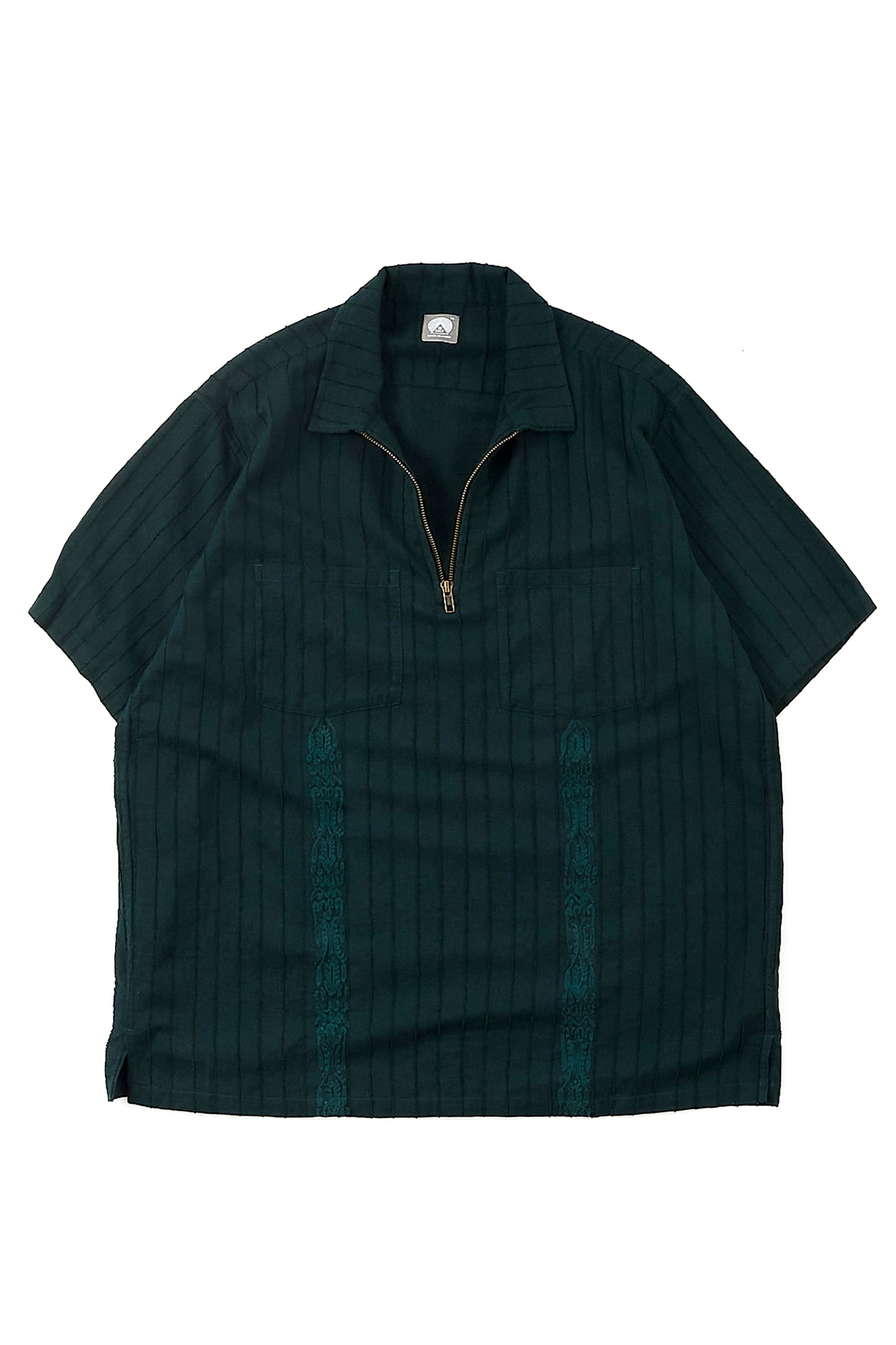 S/S HOLLOW PULLOVER SHIRT - BOTTLE GREEN TONAL JACQUARD STRIPED COTTON WITH FREEHAND CHAINSTITCH EMBROIDERY