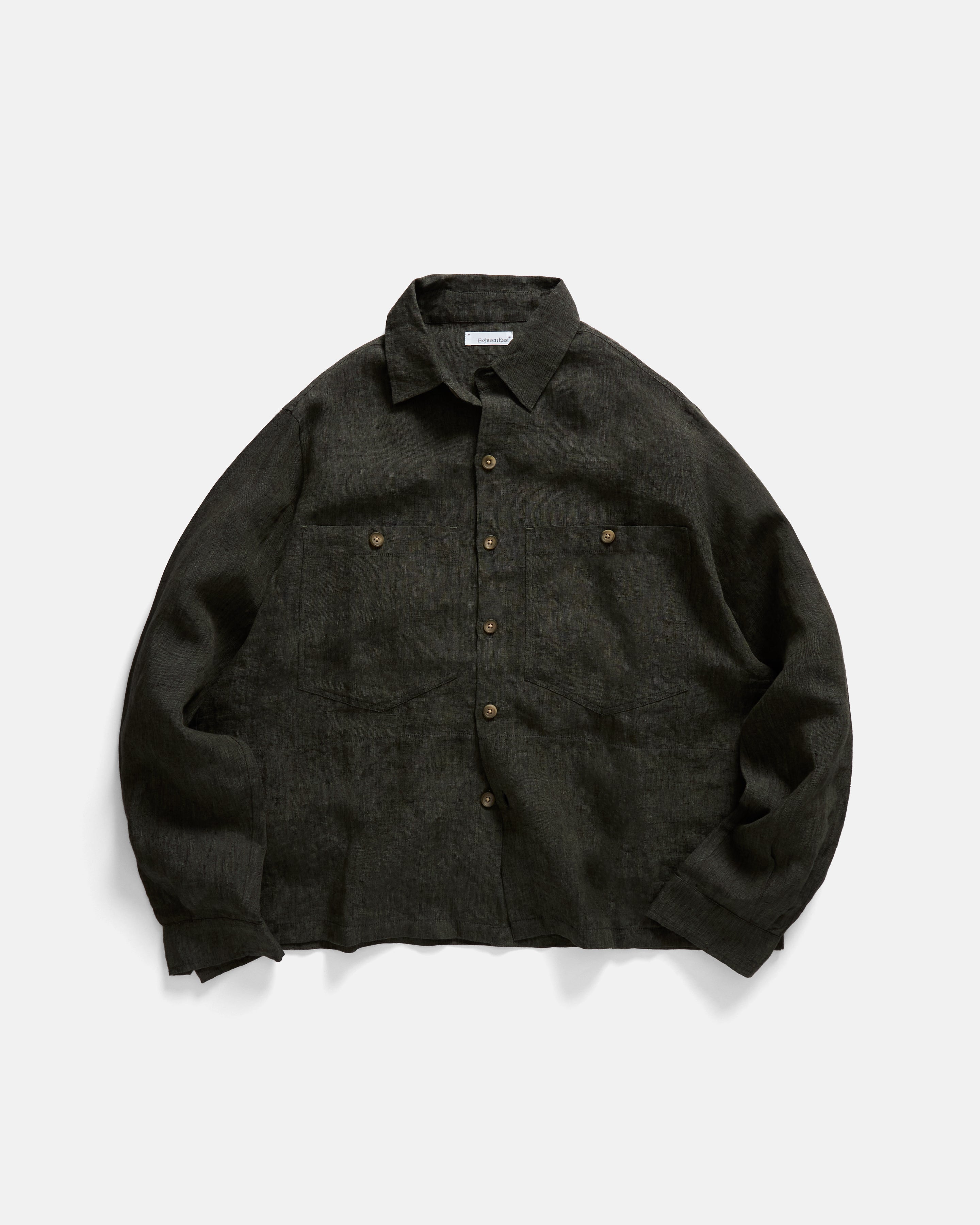 GALE BOX SHIRT - FATIGUE OLIVE / BLACK LINEN CHAMBRAY