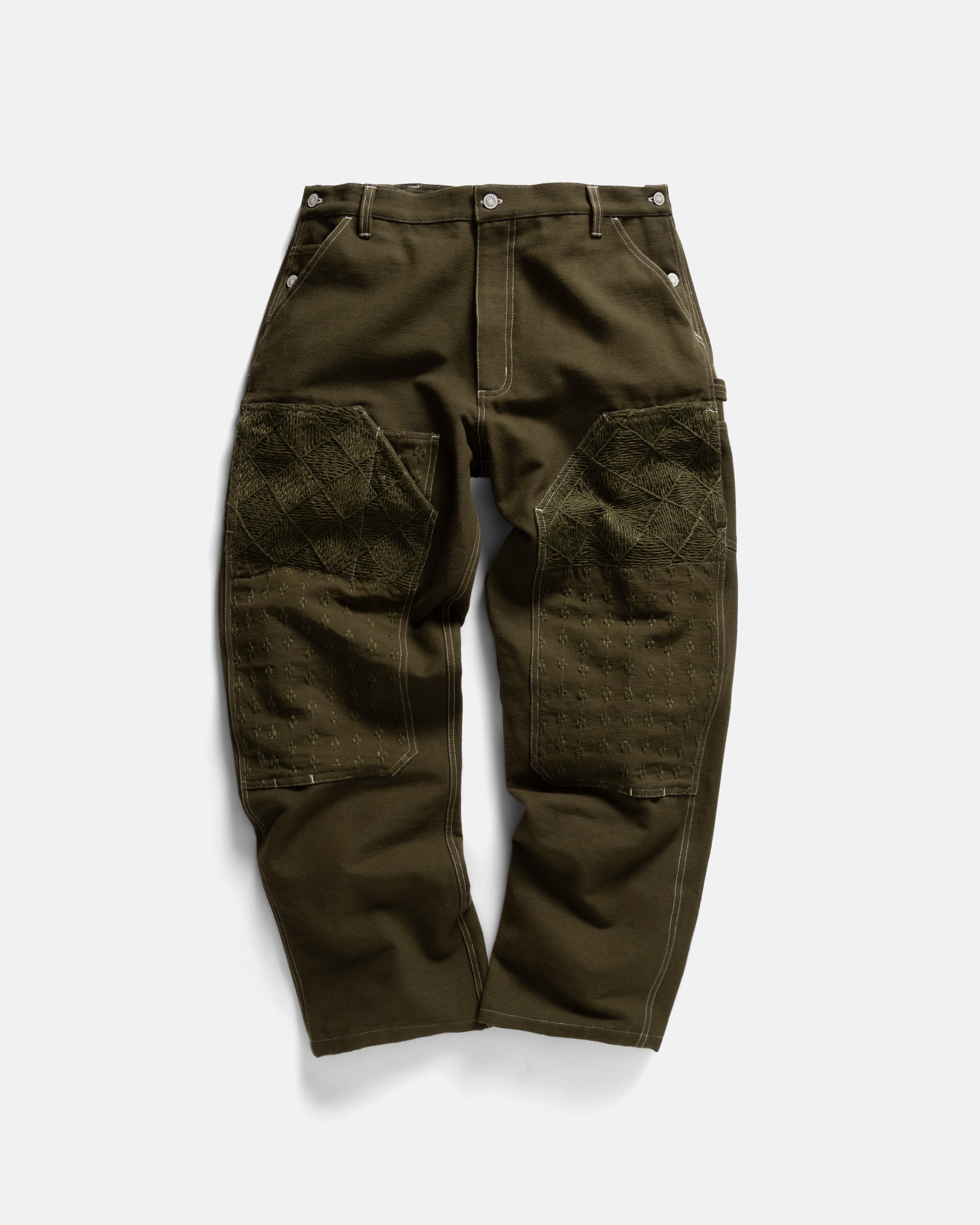 ELI HAND-EMBROIDERED DOUBLE KNEE WORK PANT - IVY GREEN HANDSPUN COTTON CANVAS