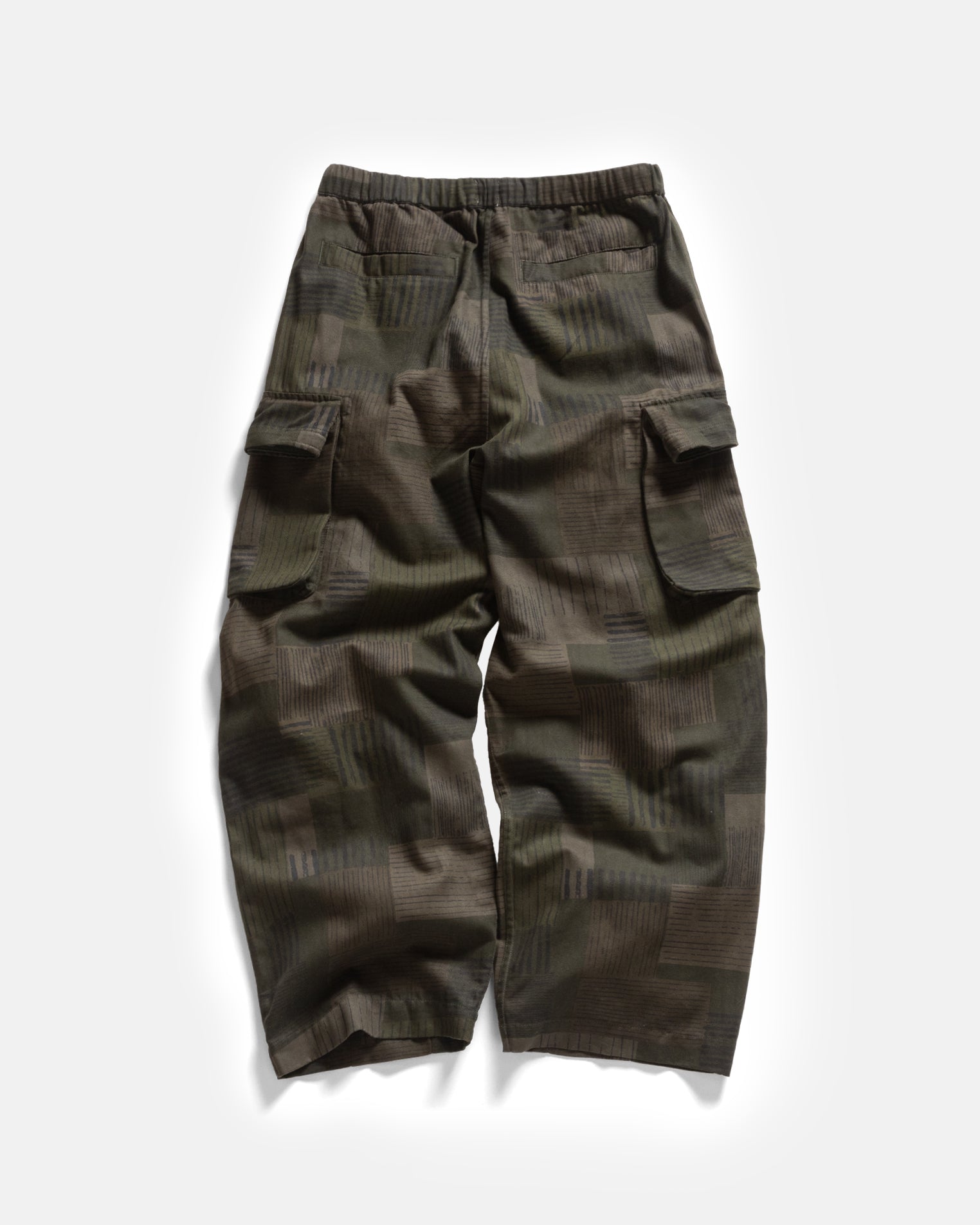 BLEECKER CARGO BALLOON PANT - OLIVE SMOKE OVERDYED "STRIPES & SQUARES" HAND SCREENED HBT COTTON