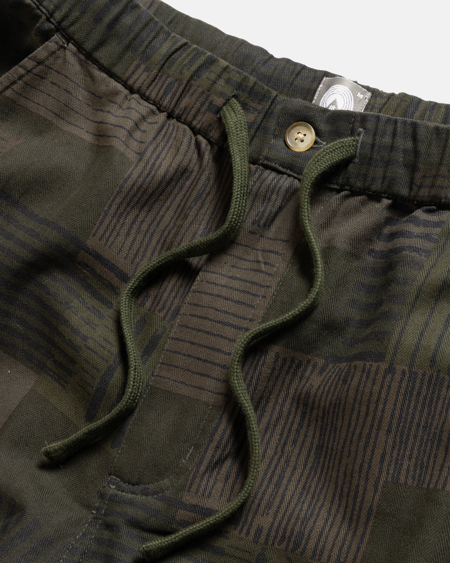 BLEECKER CARGO BALLOON PANT - OLIVE SMOKE OVERDYED "STRIPES & SQUARES" HAND SCREENED HBT COTTON