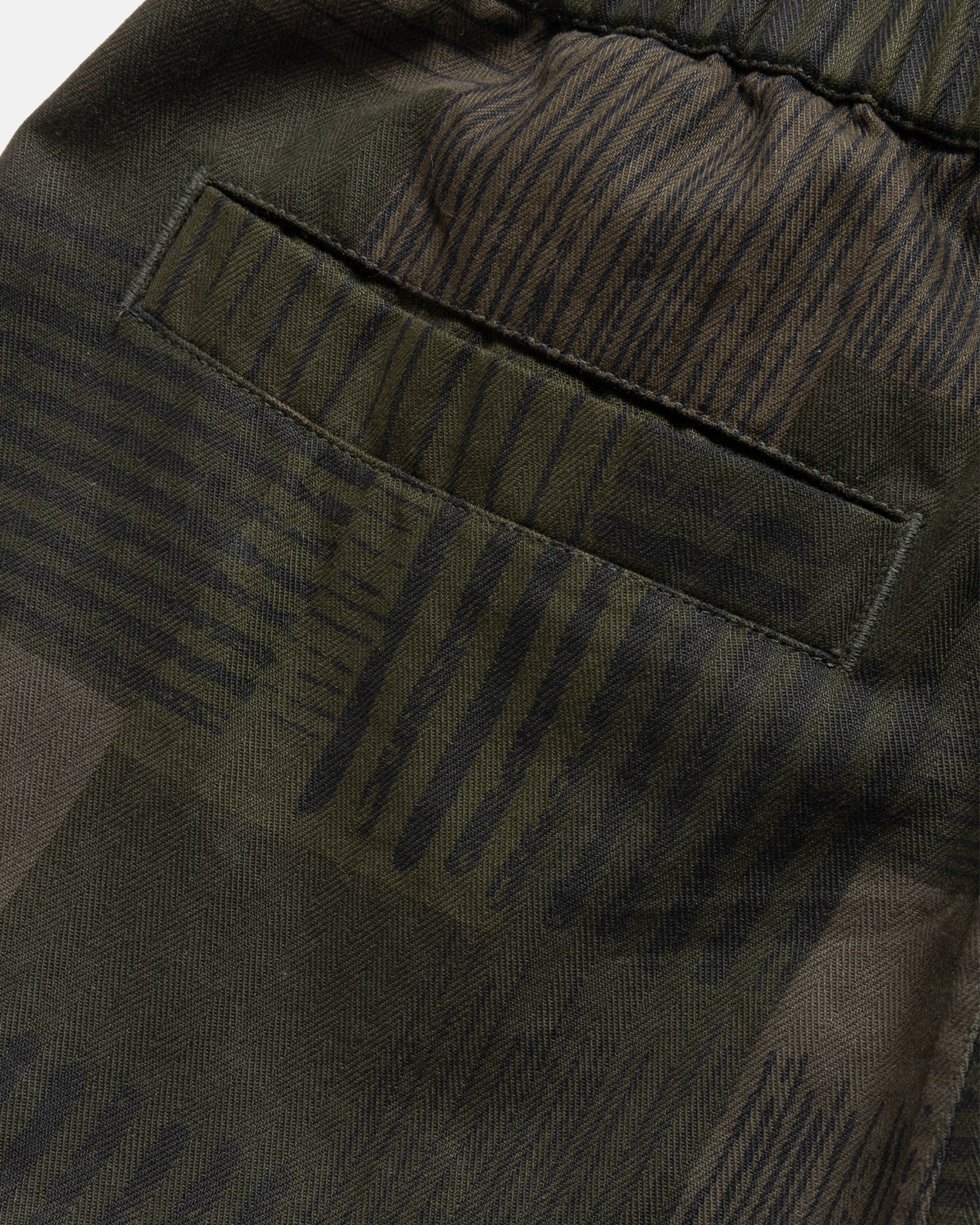 BLEECKER CARGO BALLOON PANT - OLIVE SMOKE OVERDYED "STRIPES & SQUARES" HAND SCREENED HBT COTTON