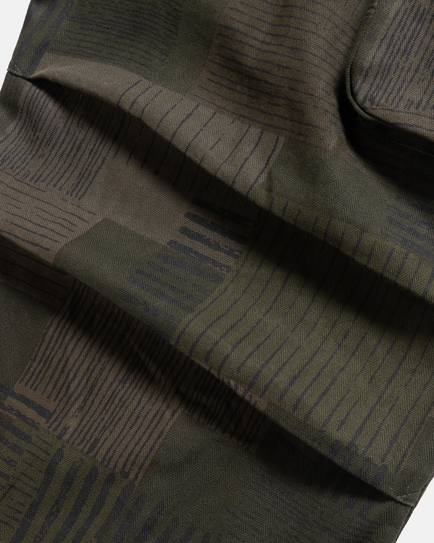 BLEECKER CARGO BALLOON PANT - OLIVE SMOKE OVERDYED "STRIPES & SQUARES" HAND SCREENED HBT COTTON