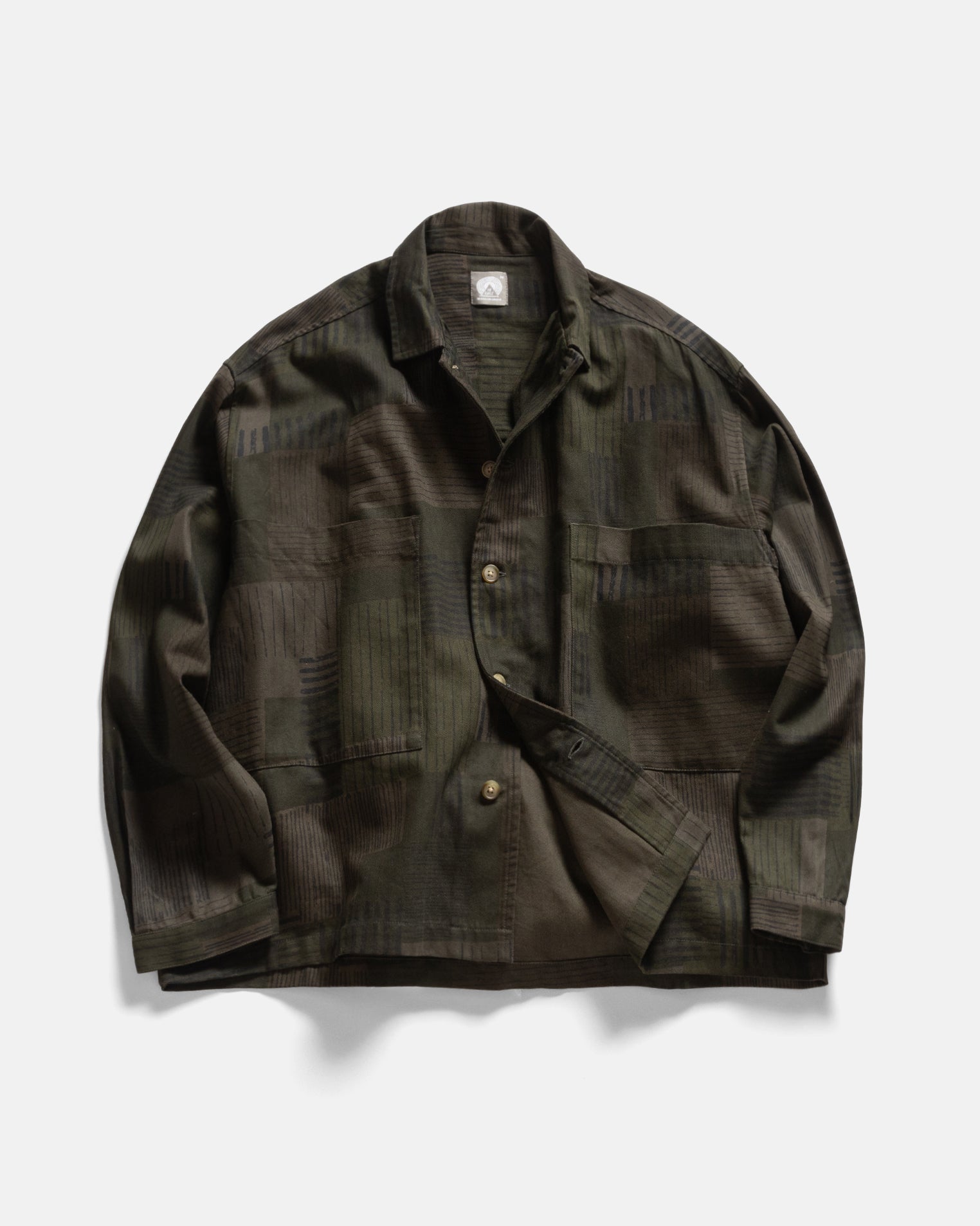 SAM SHIRT JACKET - OLIVE SMOKE OVERDYED "STRIPES & SQUARES" HAND SCREENED HBT COTTON