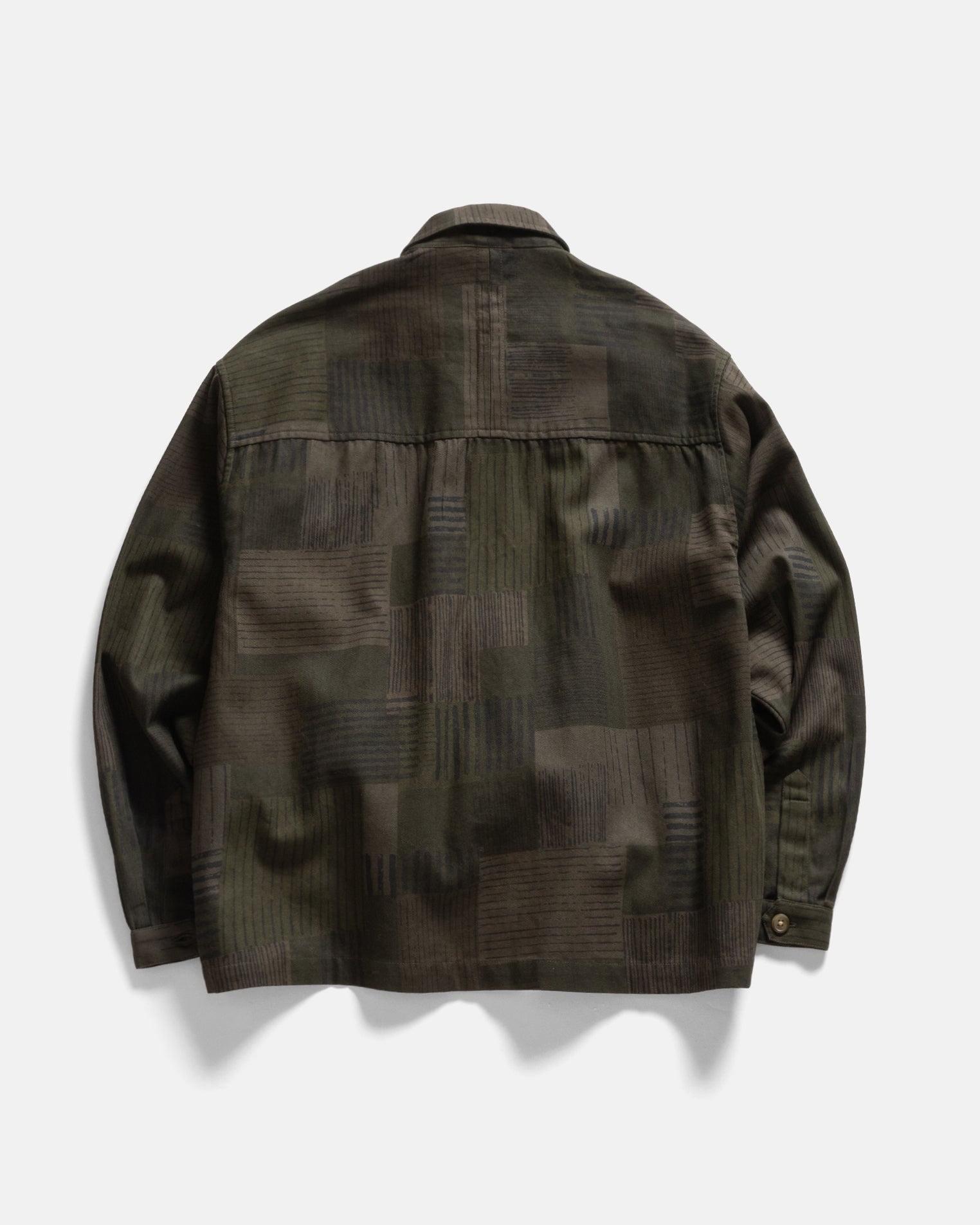 SAM SHIRT JACKET - OLIVE SMOKE OVERDYED "STRIPES & SQUARES" HAND SCREENED HBT COTTON