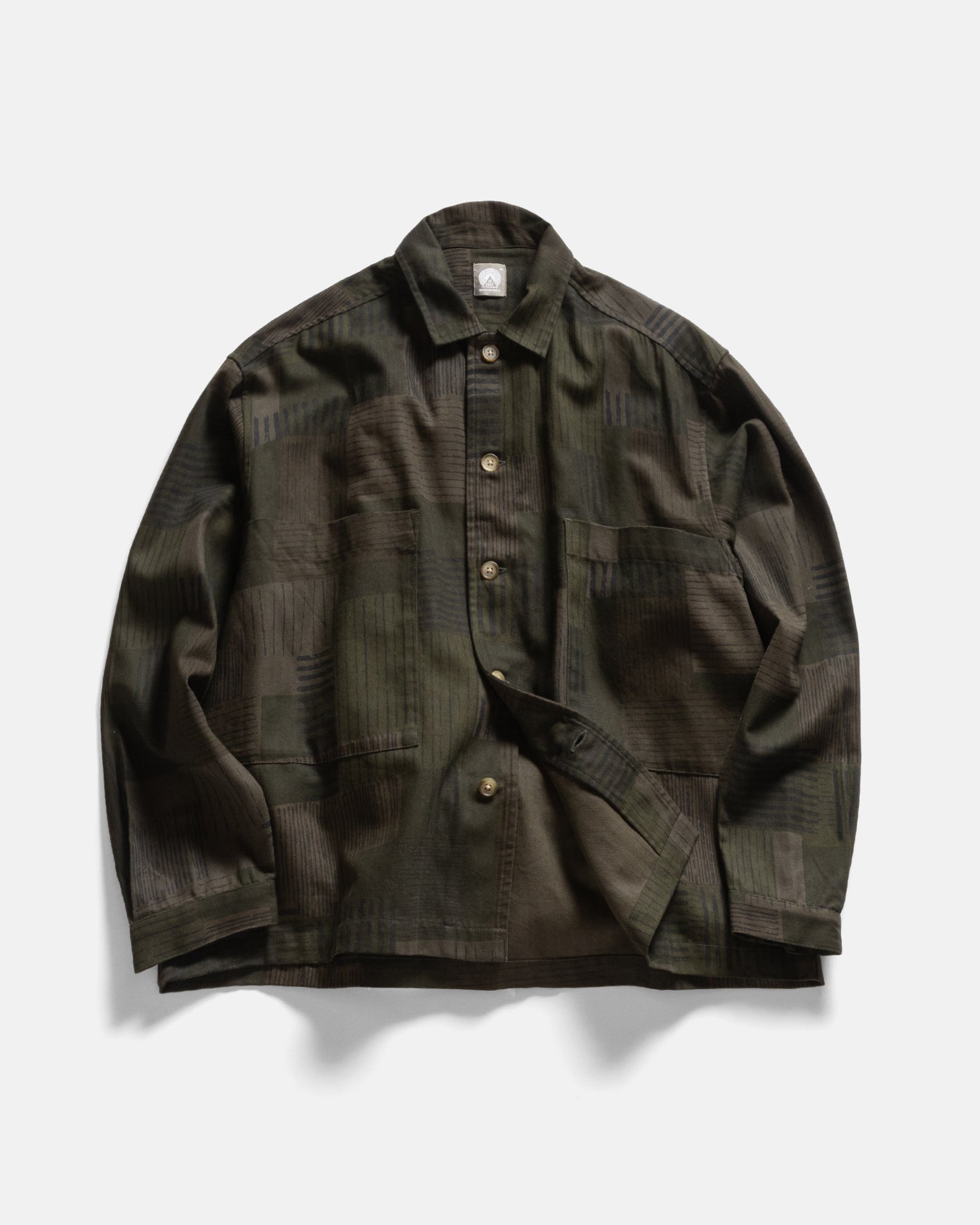 SAM SHIRT JACKET - OLIVE SMOKE OVERDYED "STRIPES & SQUARES" HAND SCREENED HBT COTTON