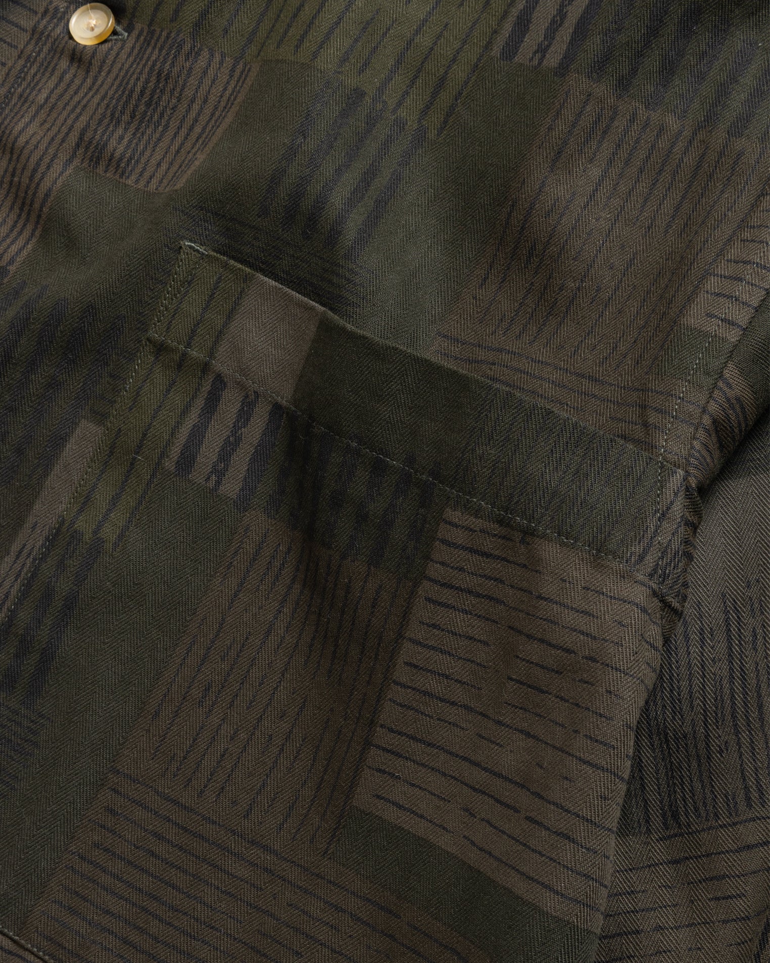 SAM SHIRT JACKET - OLIVE SMOKE OVERDYED "STRIPES & SQUARES" HAND SCREENED HBT COTTON