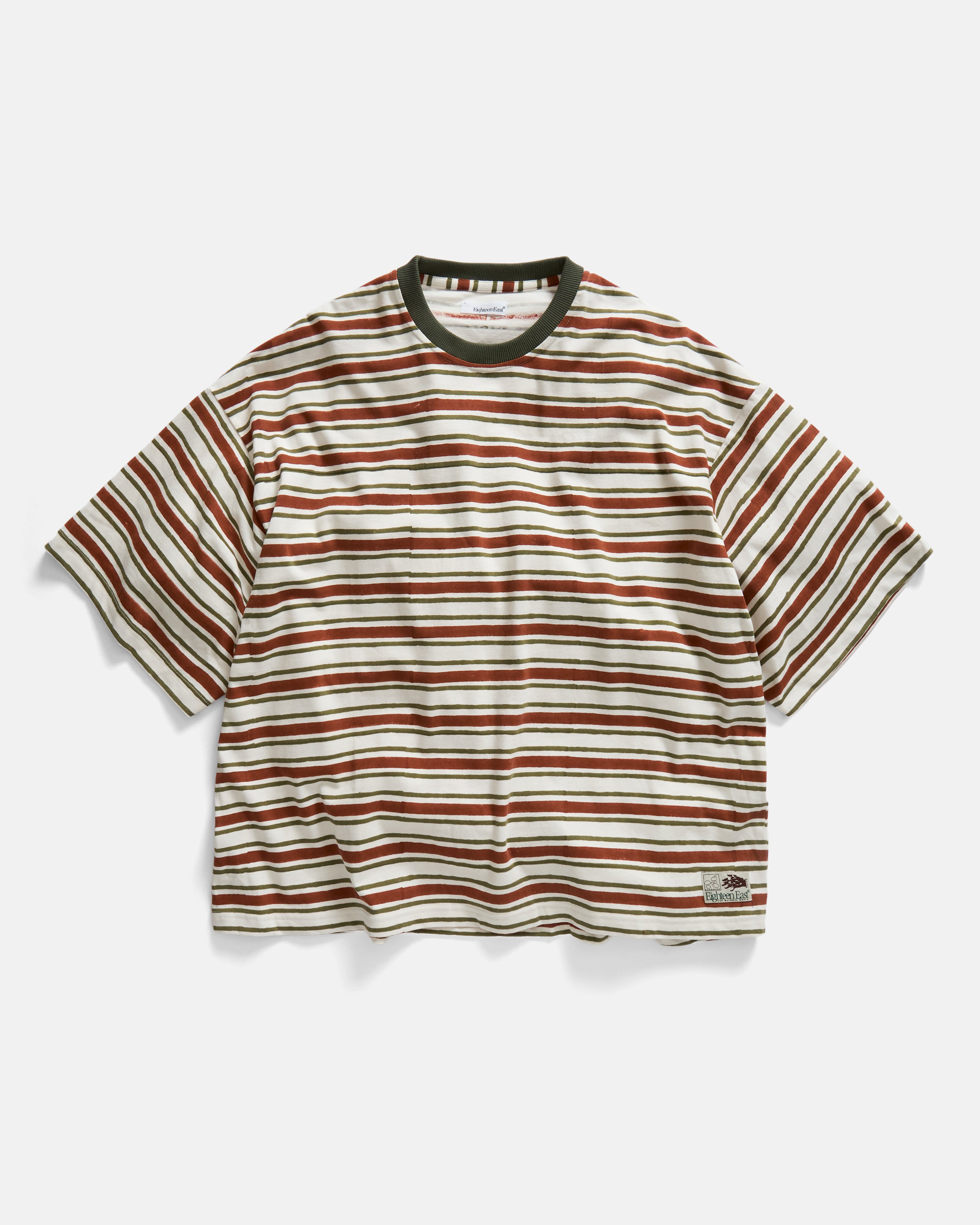GUS BIG RINGER TEE - UNDYED / RUSSETT BROWN / FATIGUE GREEN BLOCKPRINTED 7.75 oz. ALL SEASON COTTON JERSEY