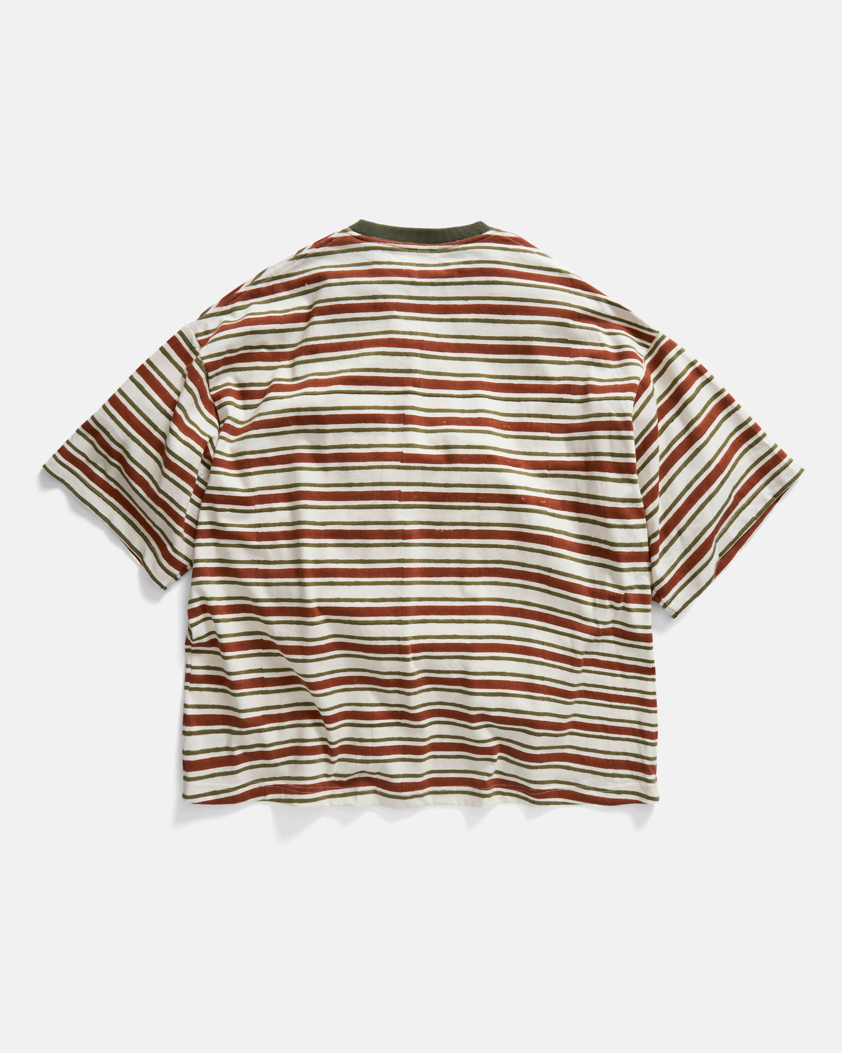 GUS BIG RINGER TEE - UNDYED / RUSSETT BROWN / FATIGUE GREEN BLOCKPRINTED 7.75 oz. ALL SEASON COTTON JERSEY