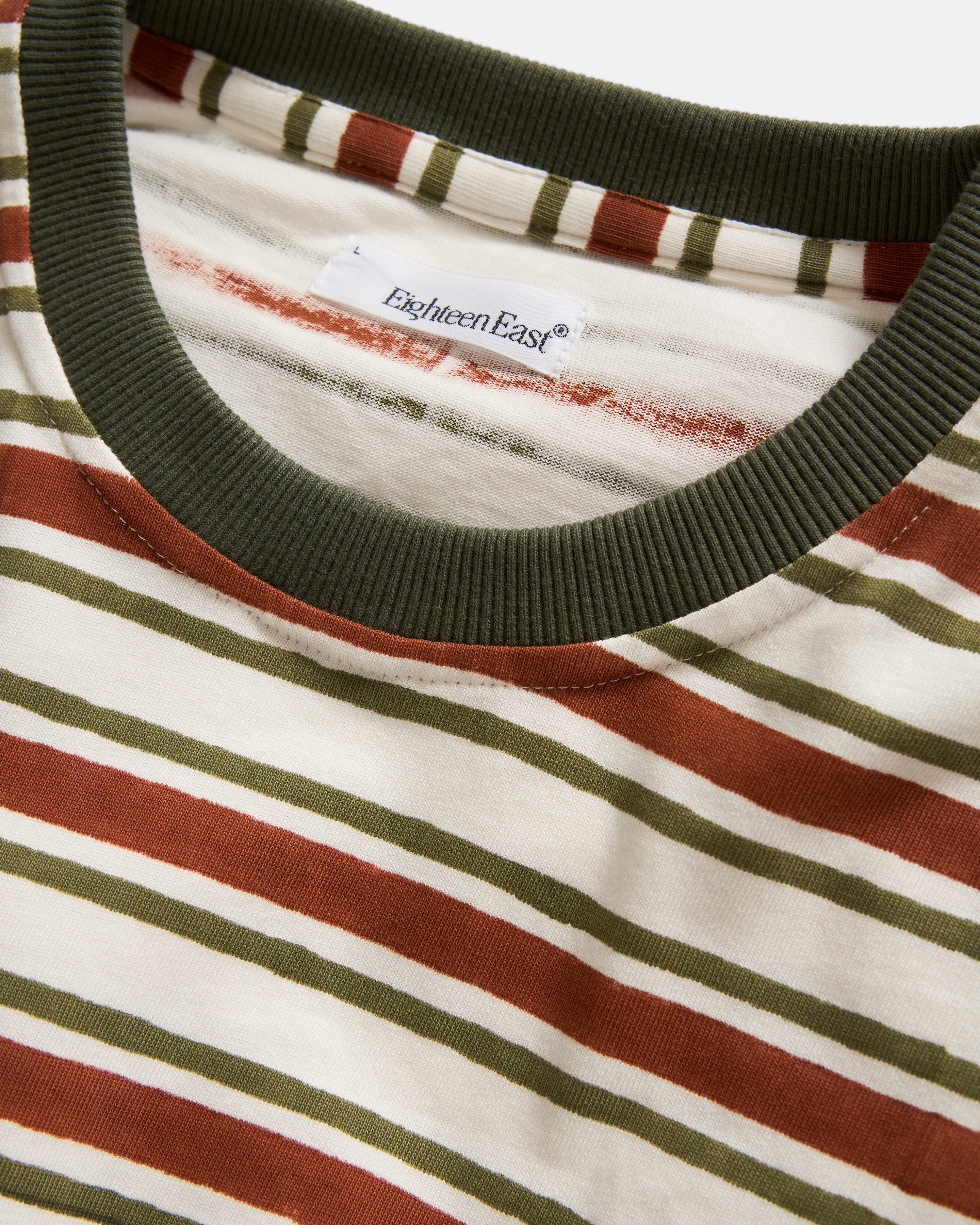 GUS BIG RINGER TEE - UNDYED / RUSSETT BROWN / FATIGUE GREEN BLOCKPRINTED 7.75 oz. ALL SEASON COTTON JERSEY