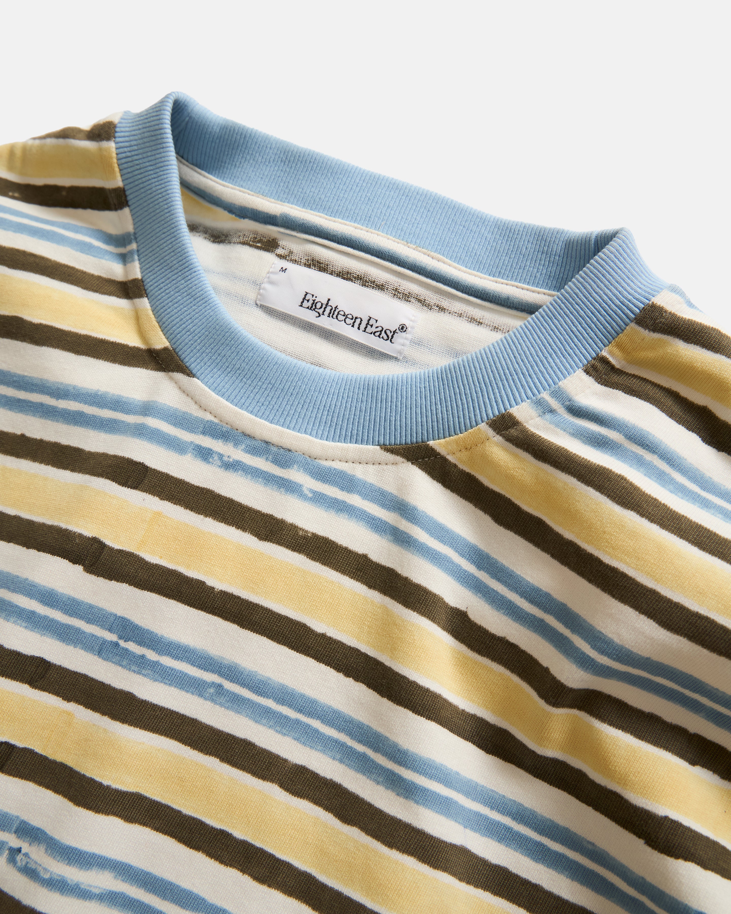 GUS BIG RINGER TEE - UNDYED / INDIGO / BUTTER / FATIGUE GREEN BLOCKPRINTED 7.75 oz. ALL SEASON COTTON JERSEY
