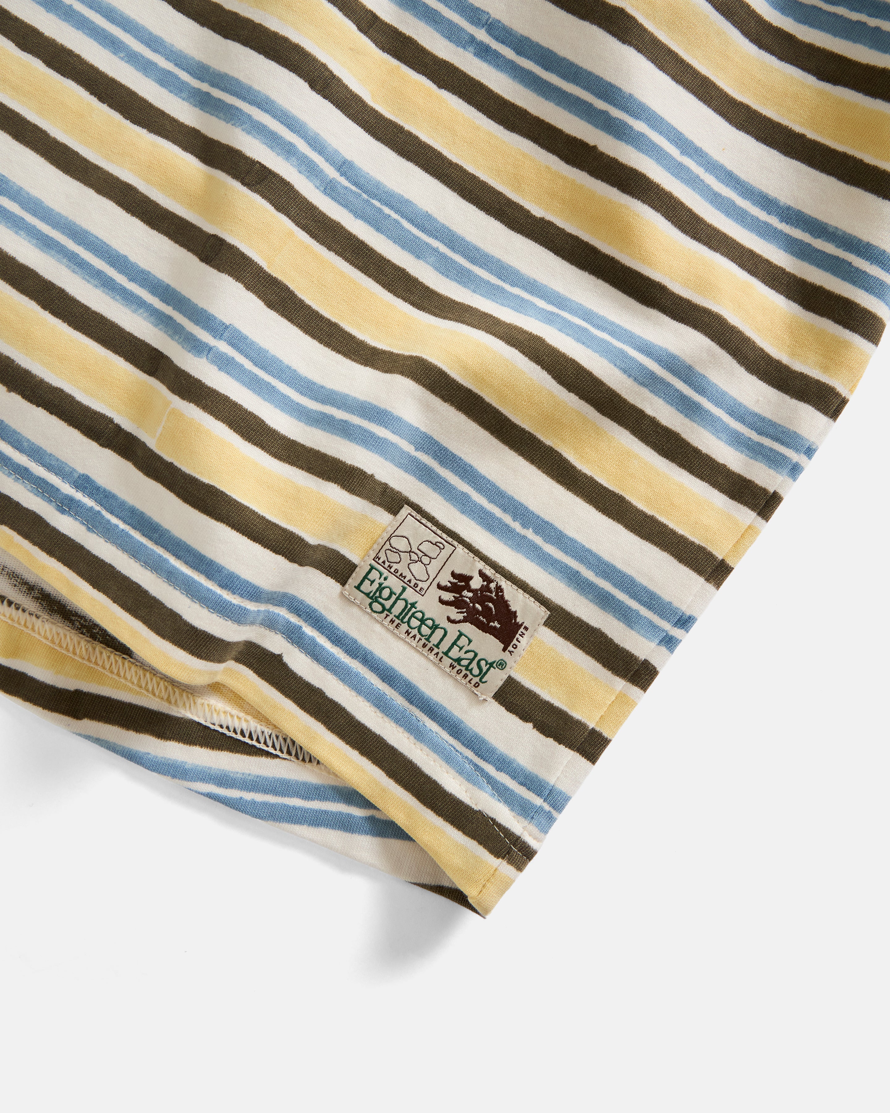 GUS BIG RINGER TEE - UNDYED / INDIGO / BUTTER / FATIGUE GREEN BLOCKPRINTED 7.75 oz. ALL SEASON COTTON JERSEY