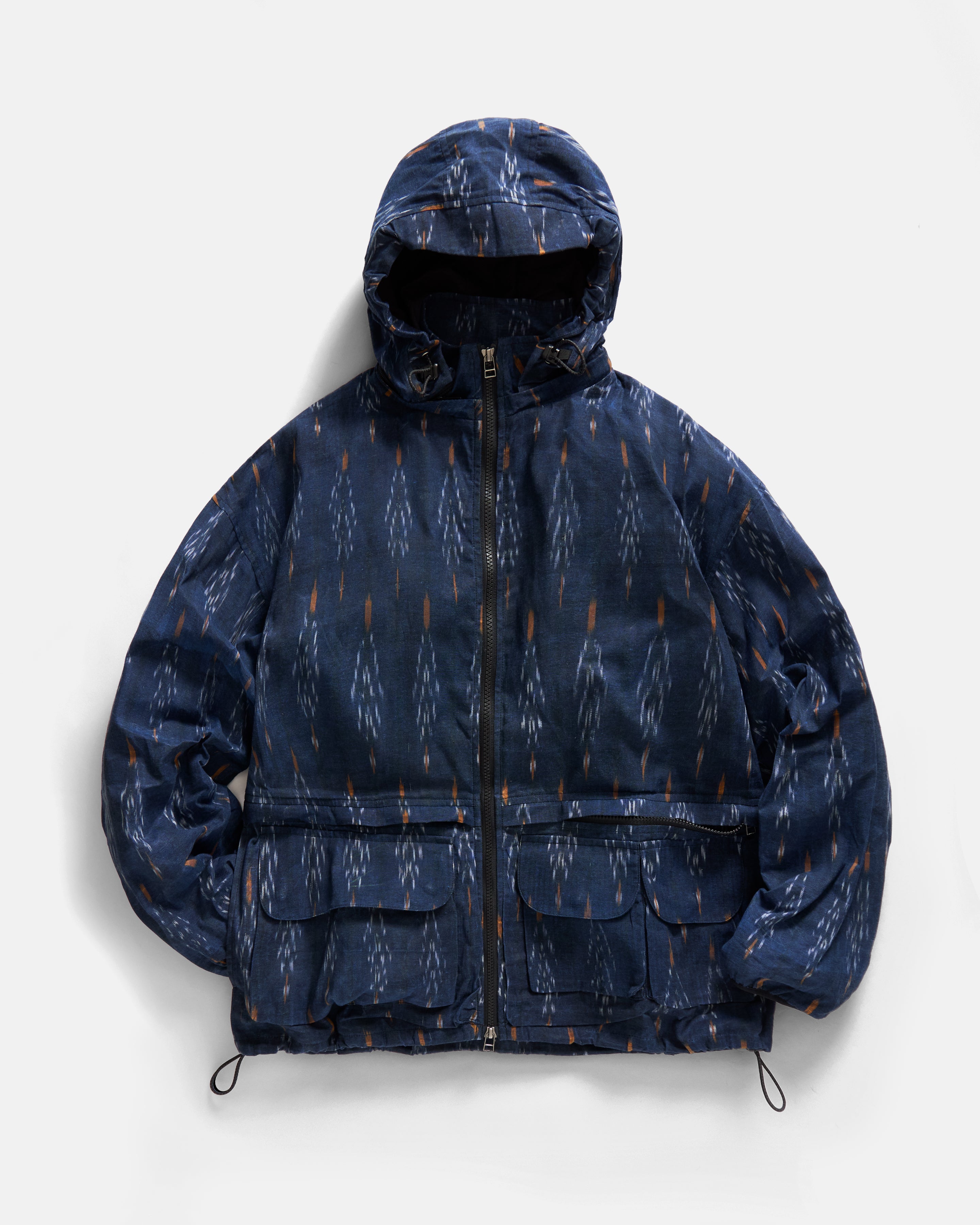 BANKS 2.0 UTILITY JACKET - MIDNIGHT / ECRU / ORANGE BEESWAX COATED HANDWOVEN COTTON IKAT