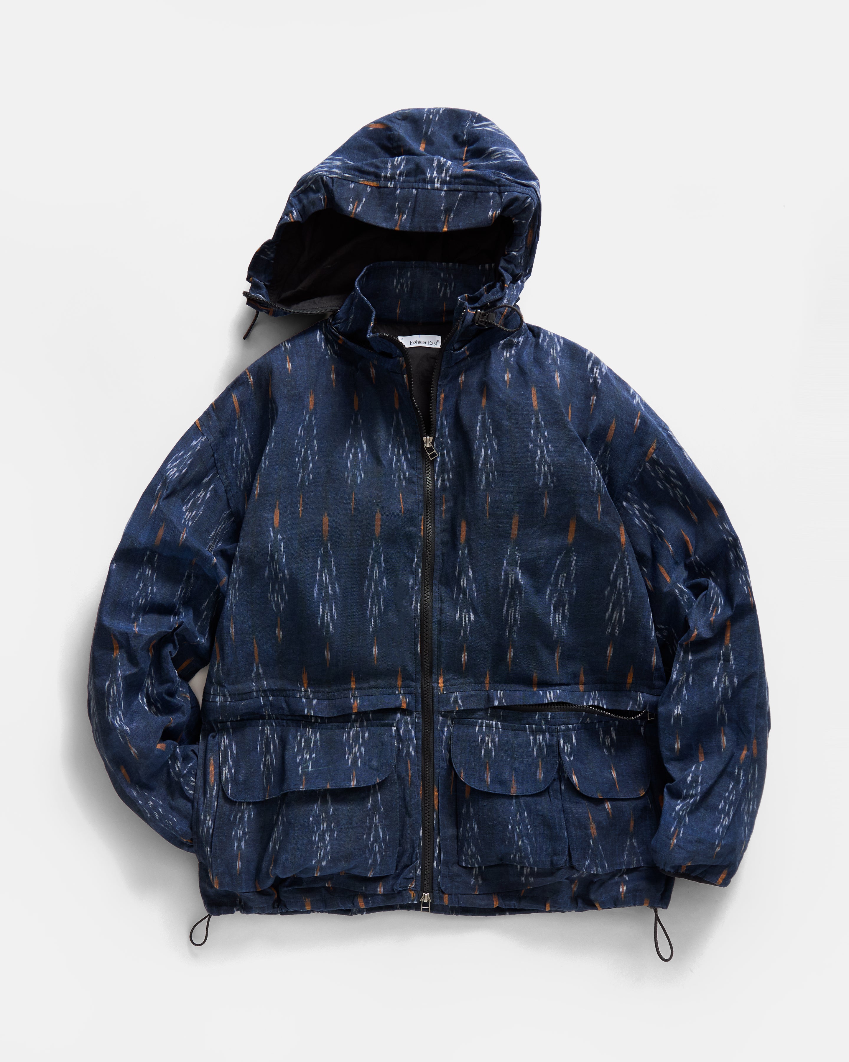 BANKS 2.0 UTILITY JACKET - MIDNIGHT / ECRU / ORANGE BEESWAX COATED HANDWOVEN COTTON IKAT