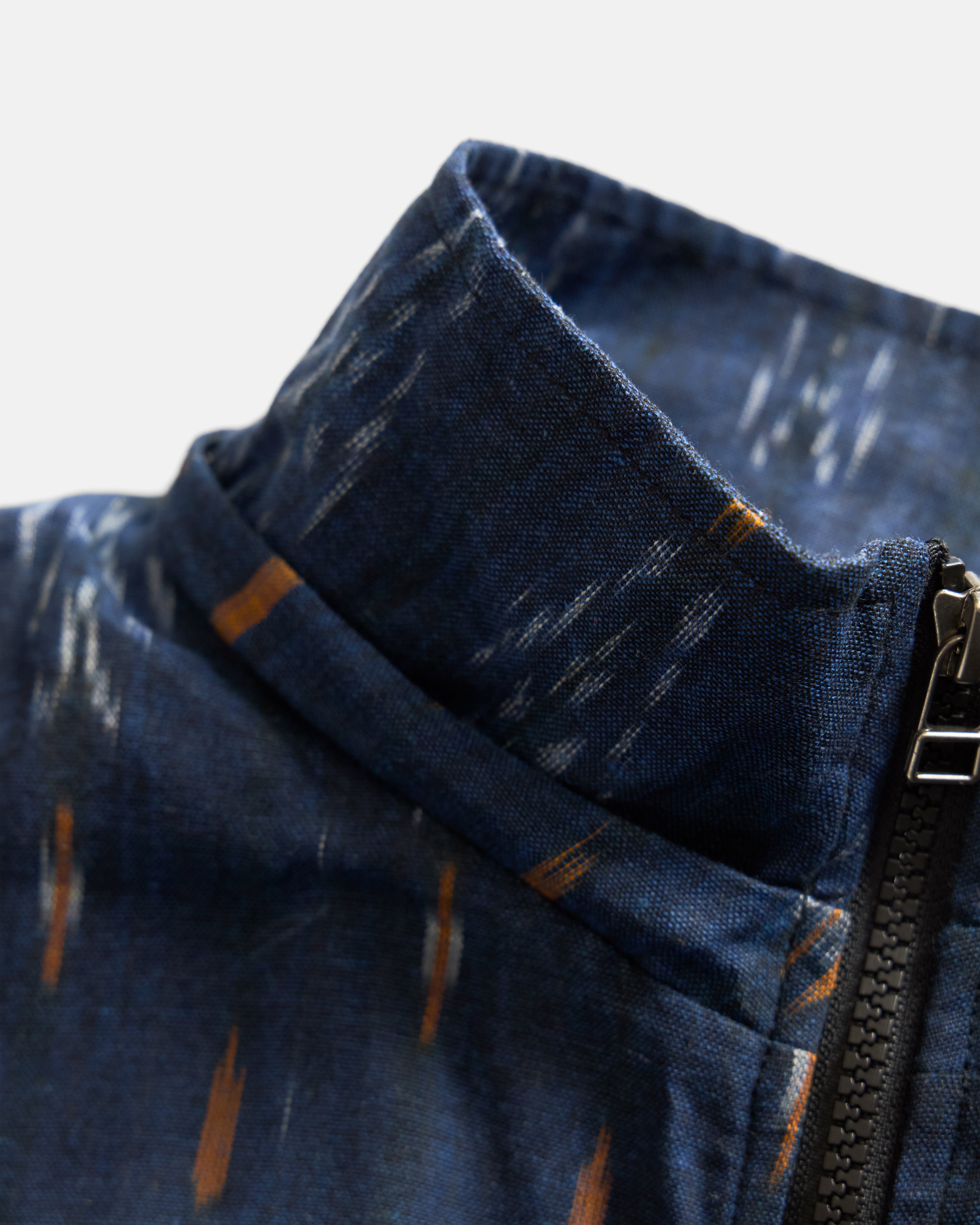 BANKS 2.0 UTILITY JACKET - MIDNIGHT / ECRU / ORANGE BEESWAX COATED HANDWOVEN COTTON IKAT