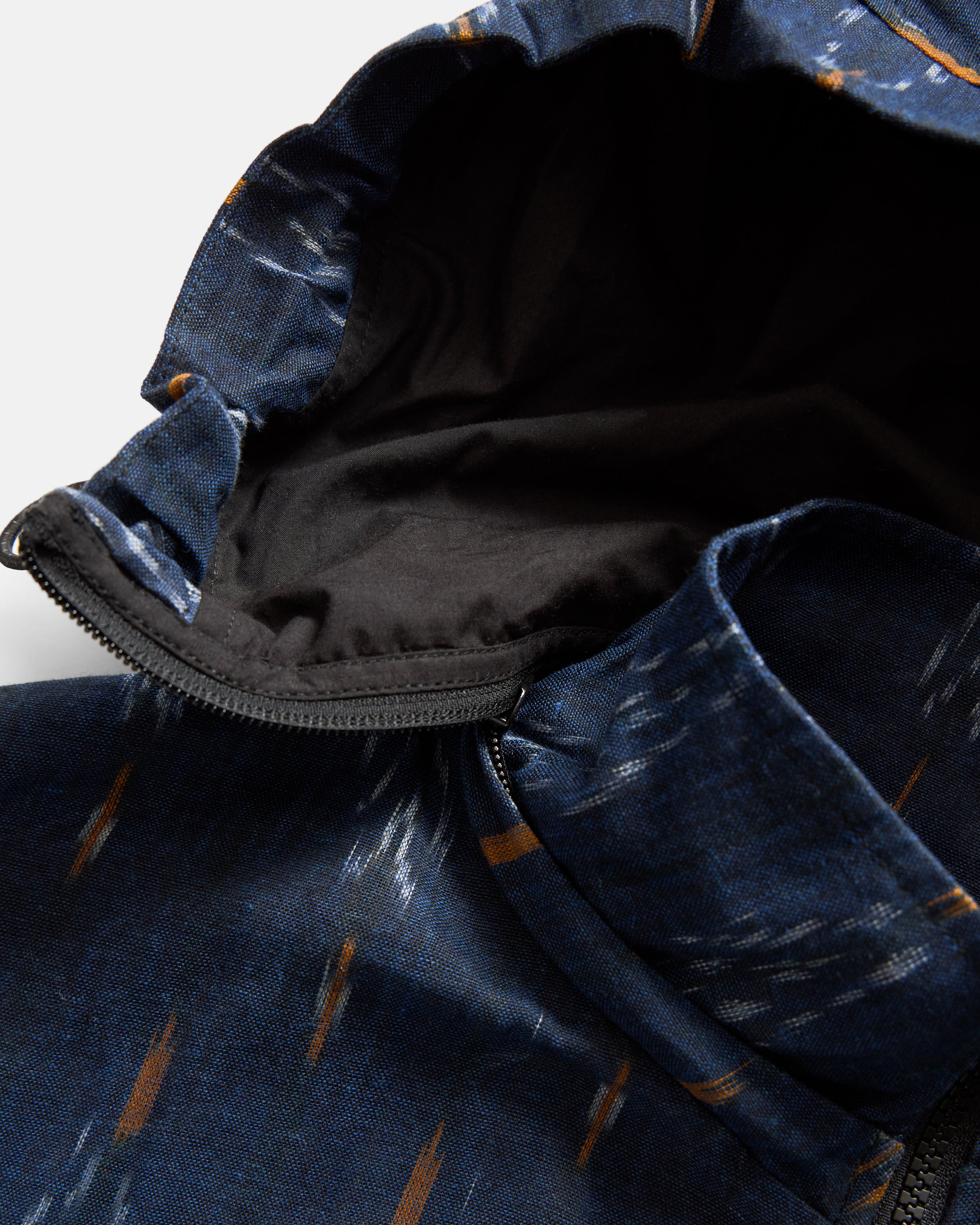 BANKS 2.0 UTILITY JACKET - MIDNIGHT / ECRU / ORANGE BEESWAX COATED HANDWOVEN COTTON IKAT