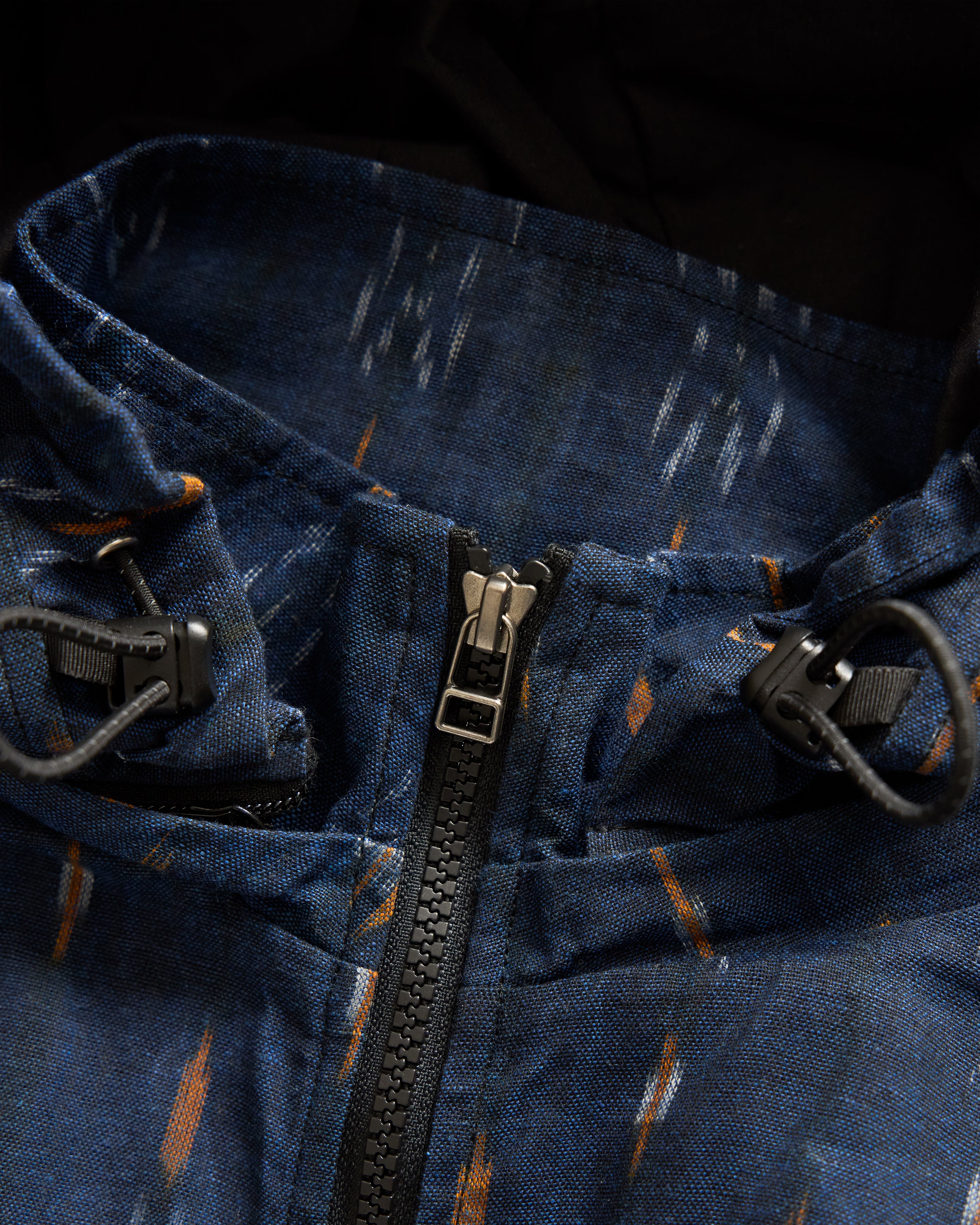 BANKS 2.0 UTILITY JACKET - MIDNIGHT / ECRU / ORANGE BEESWAX COATED HANDWOVEN COTTON IKAT