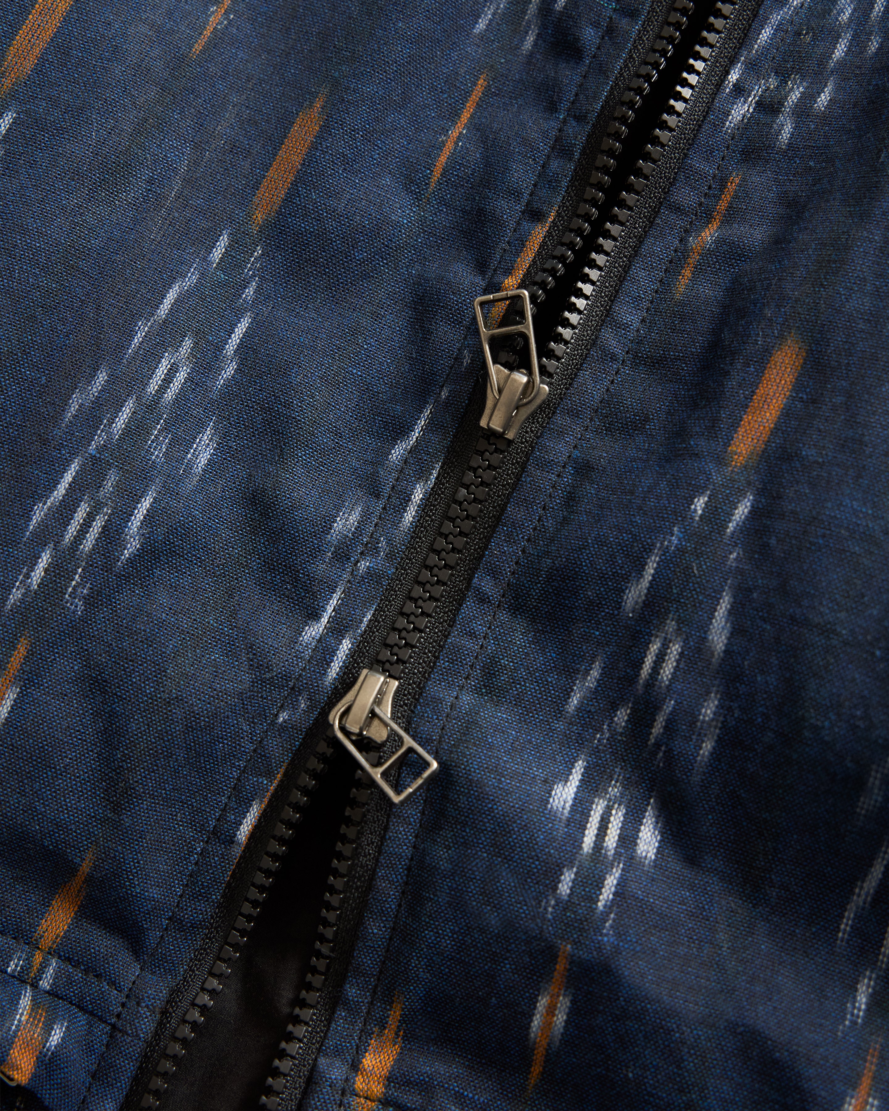 BANKS 2.0 UTILITY JACKET - MIDNIGHT / ECRU / ORANGE BEESWAX COATED HANDWOVEN COTTON IKAT