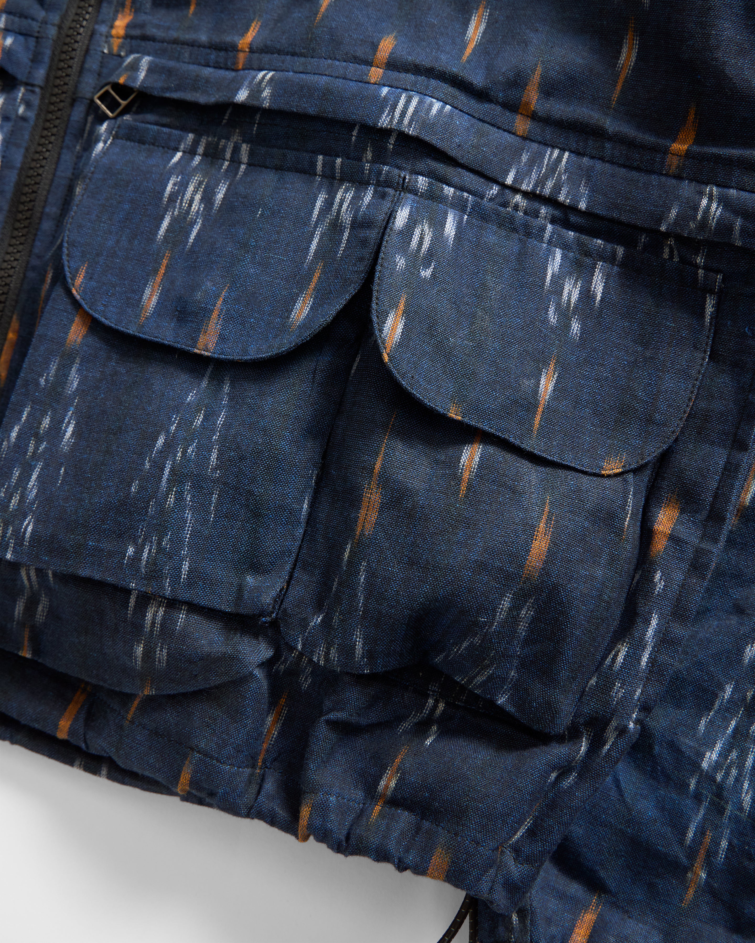 BANKS 2.0 UTILITY JACKET - MIDNIGHT / ECRU / ORANGE BEESWAX COATED HANDWOVEN COTTON IKAT