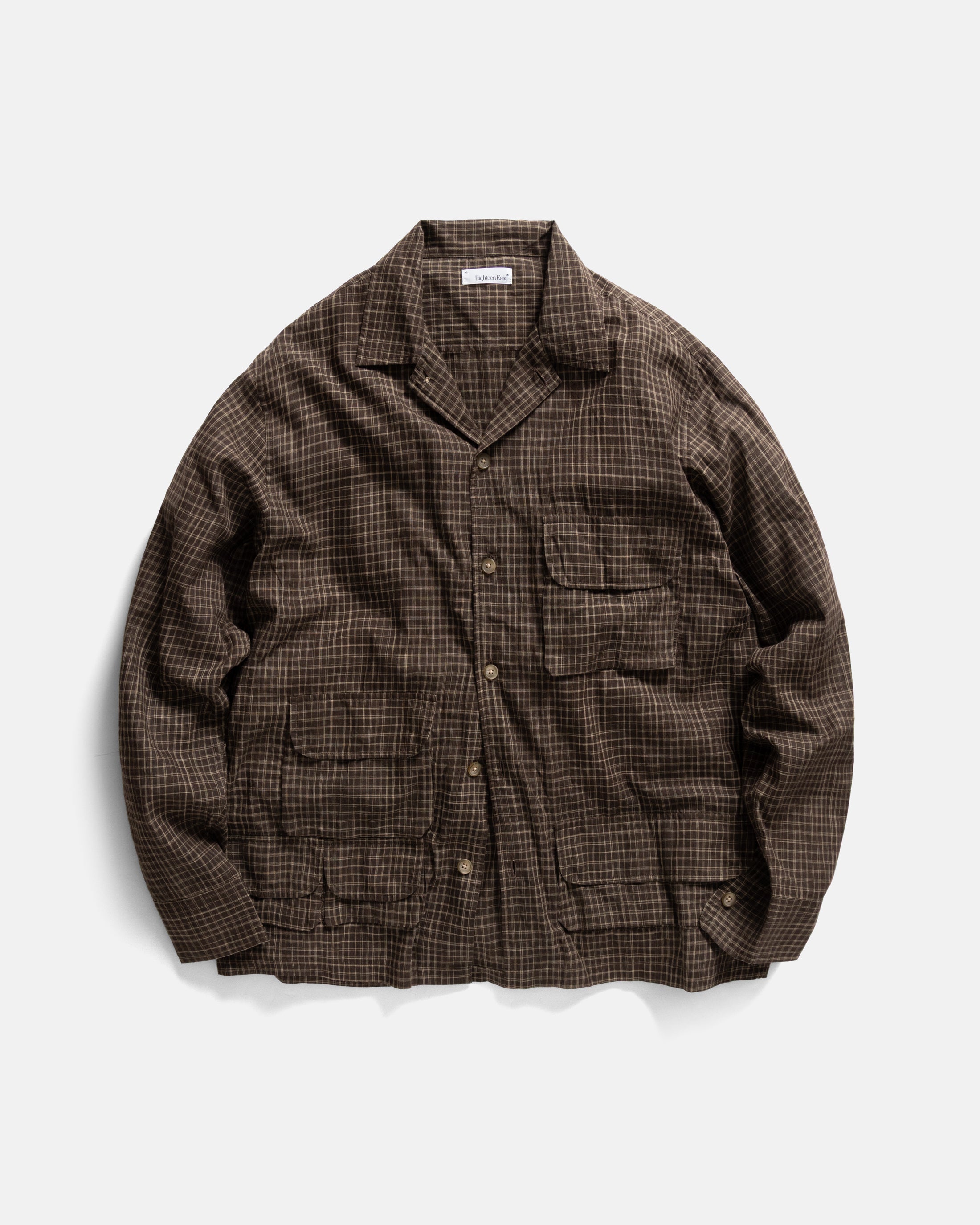 L/S WINHALL UTILITY SHIRT - DEEP CACAO / ECRU SPACE-DYED CHECKED KHADI COTTON