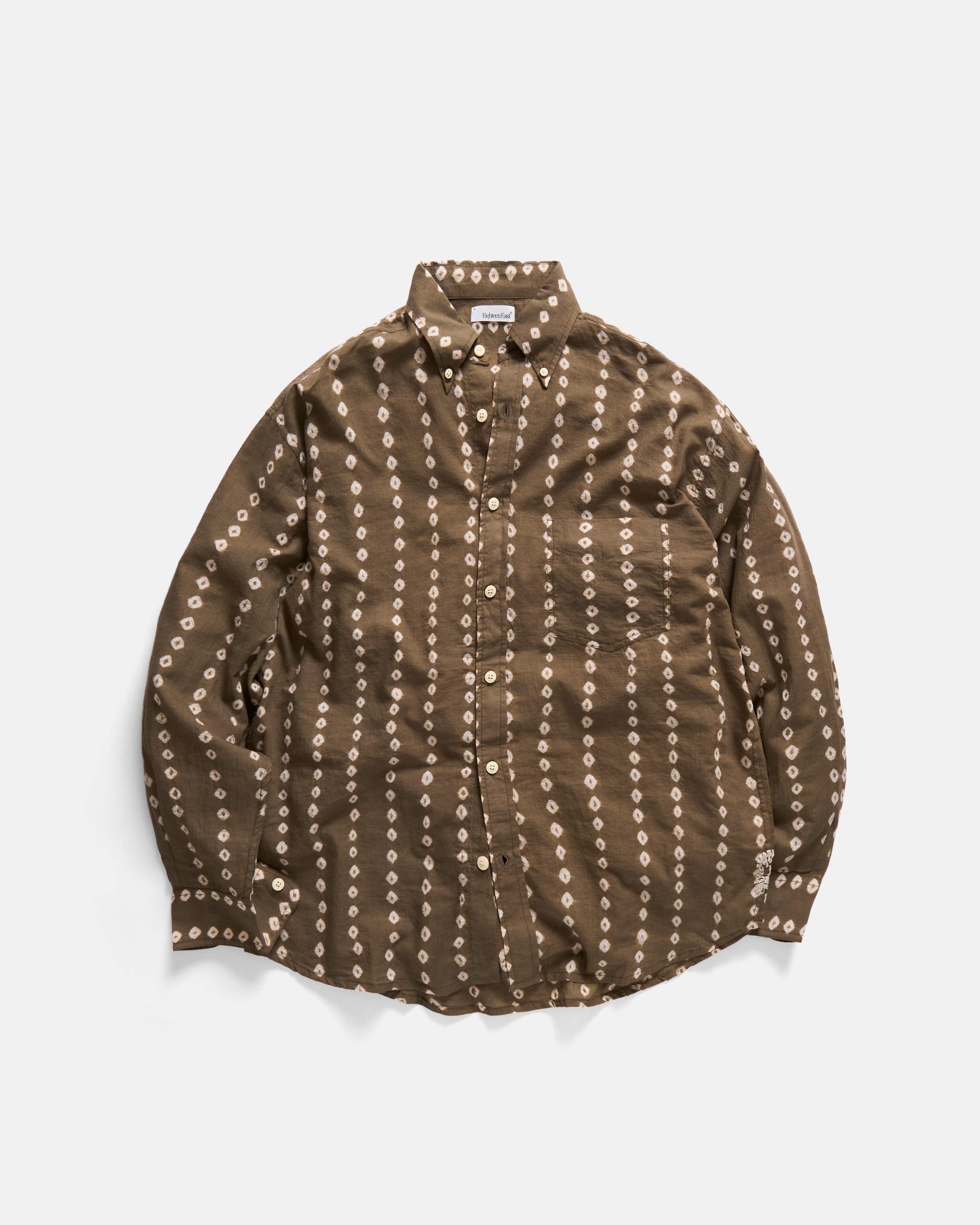 JESPER VINTAGE BUTTON DOWN SHIRT - MOCHA E PISTACCHIO / ECRU BANDHANI RESIST-DYE STRIPED FEATHERWEIGHT KHADI COTTON