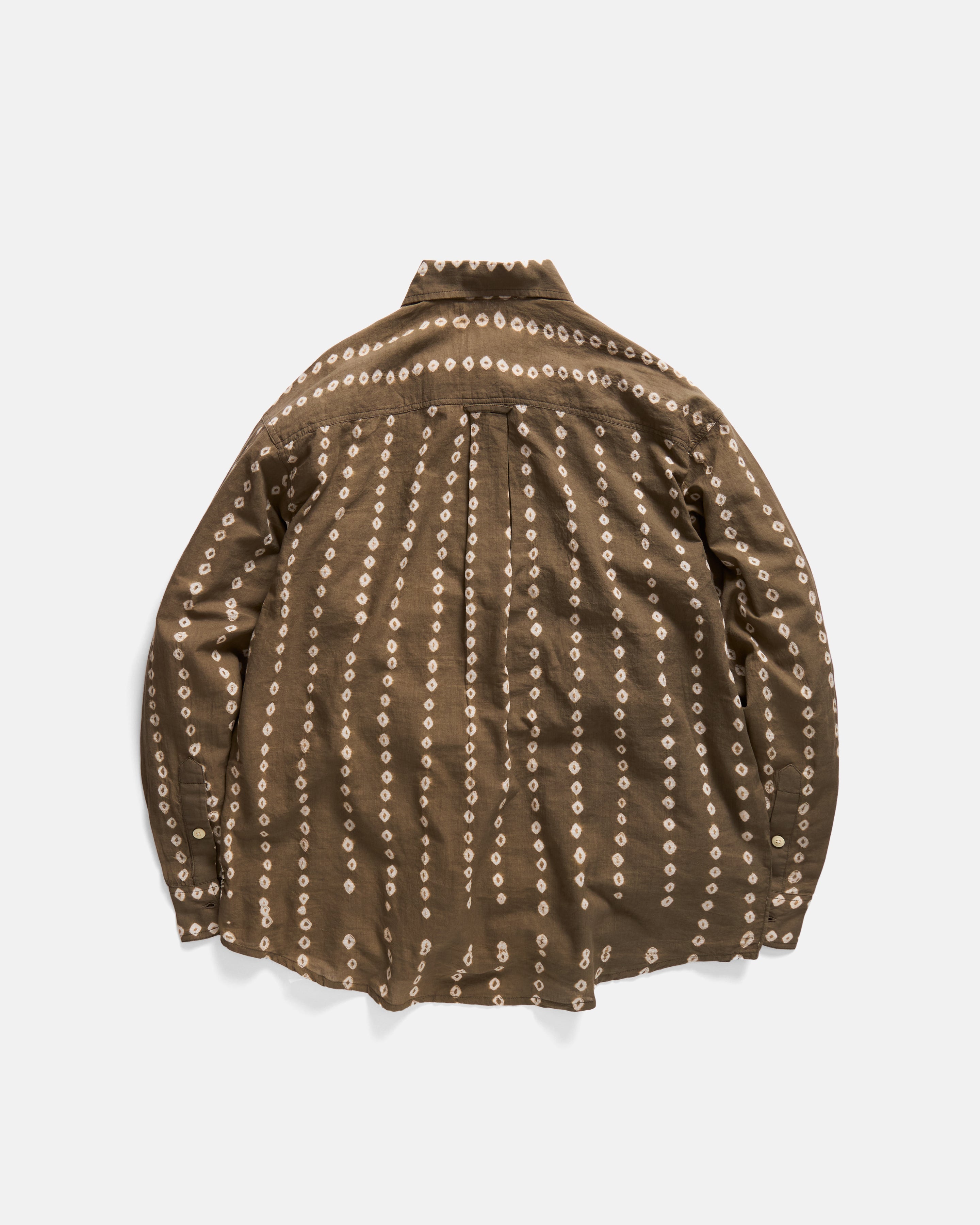 JESPER VINTAGE BUTTON DOWN SHIRT - MOCHA E PISTACCHIO / ECRU BANDHANI RESIST-DYE STRIPED FEATHERWEIGHT KHADI COTTON