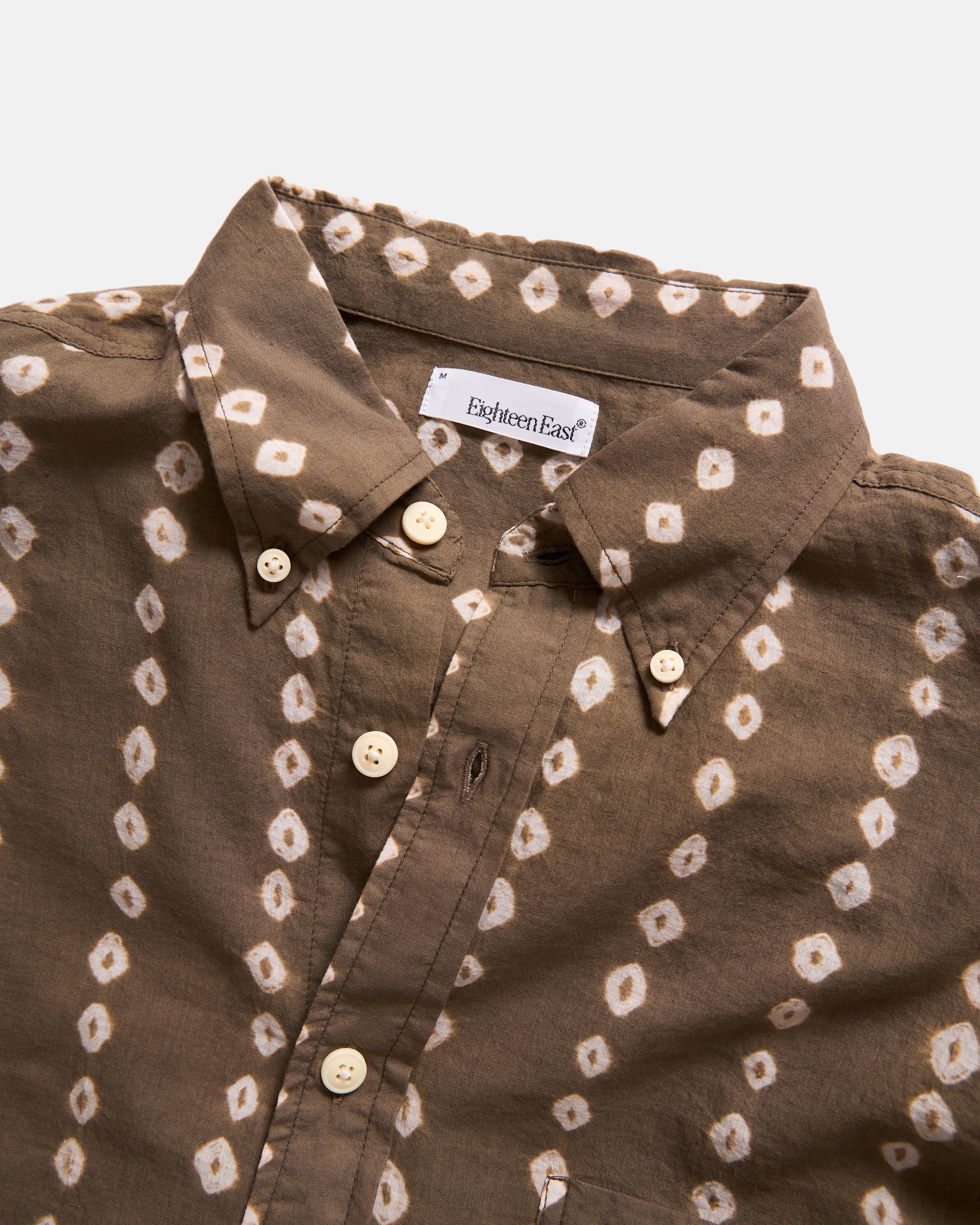 JESPER VINTAGE BUTTON DOWN SHIRT - MOCHA E PISTACCHIO / ECRU BANDHANI RESIST-DYE STRIPED FEATHERWEIGHT KHADI COTTON