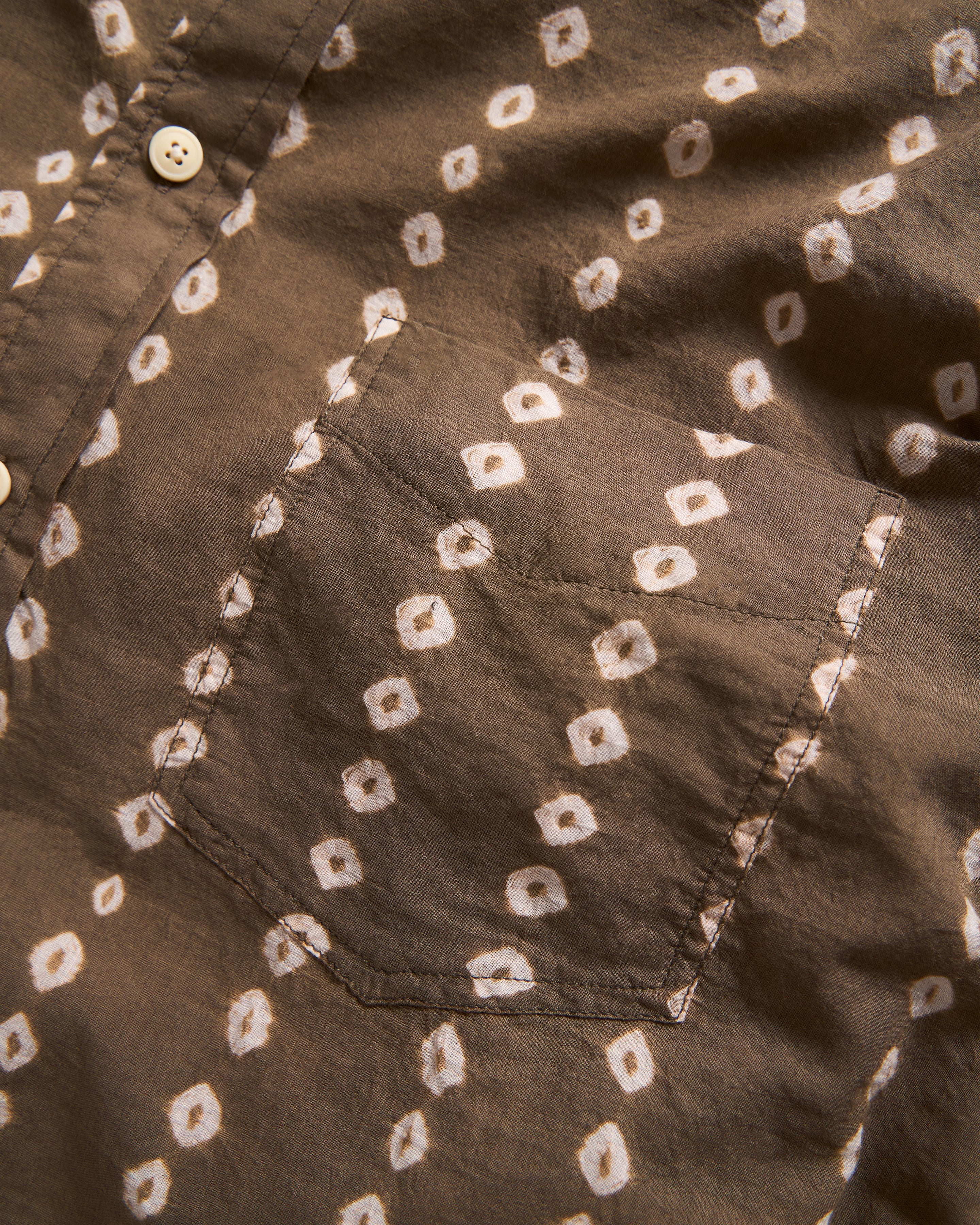 JESPER VINTAGE BUTTON DOWN SHIRT - MOCHA E PISTACCHIO / ECRU BANDHANI RESIST-DYE STRIPED FEATHERWEIGHT KHADI COTTON