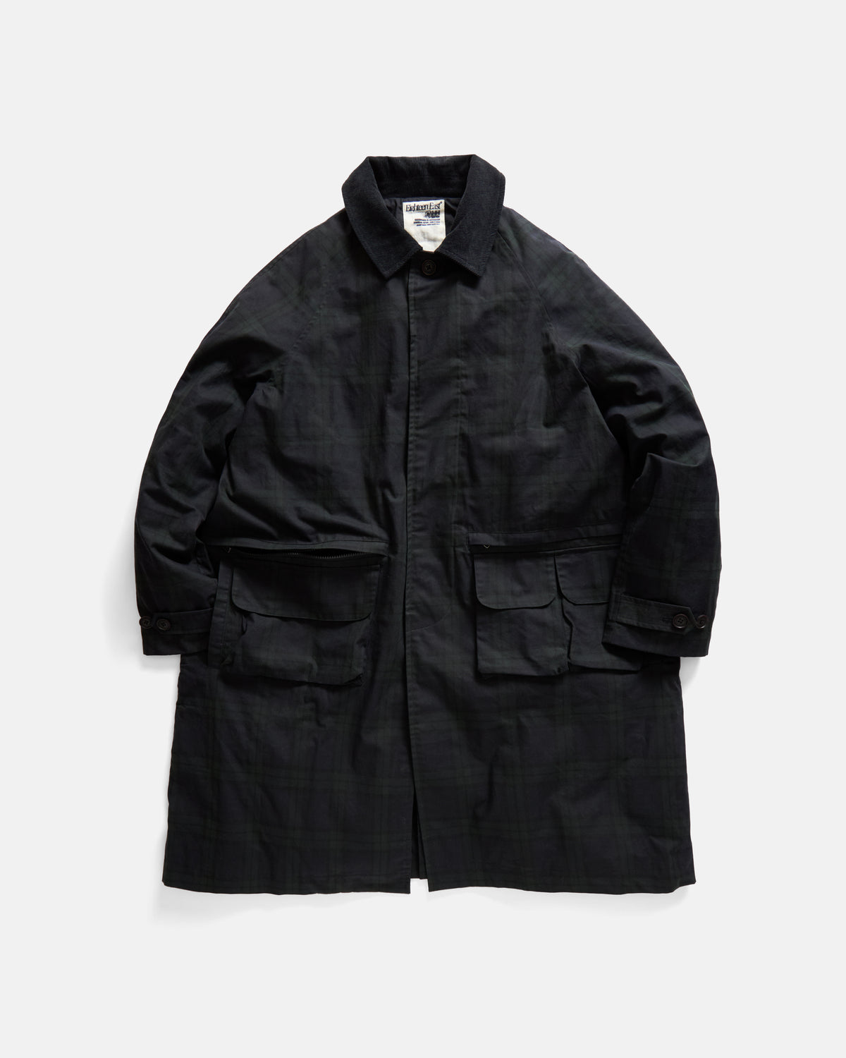 MITCHELL DUSTER COAT - BARELY BLACKWATCH BEESWAX COATED COTTON TWILL AND BLACK COTTON CORDUROY