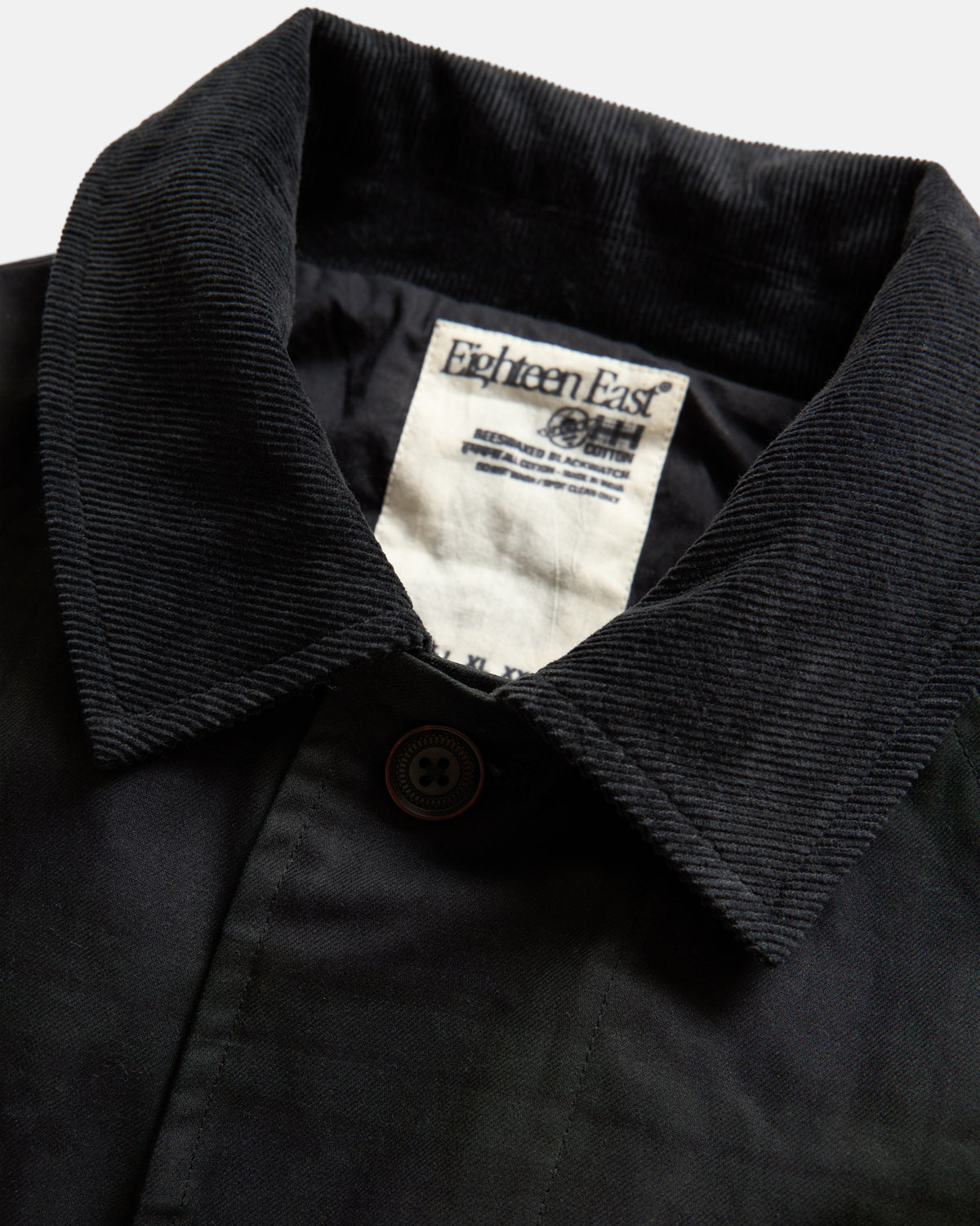 MITCHELL DUSTER COAT - BARELY BLACKWATCH BEESWAX COATED COTTON TWILL AND BLACK COTTON CORDUROY