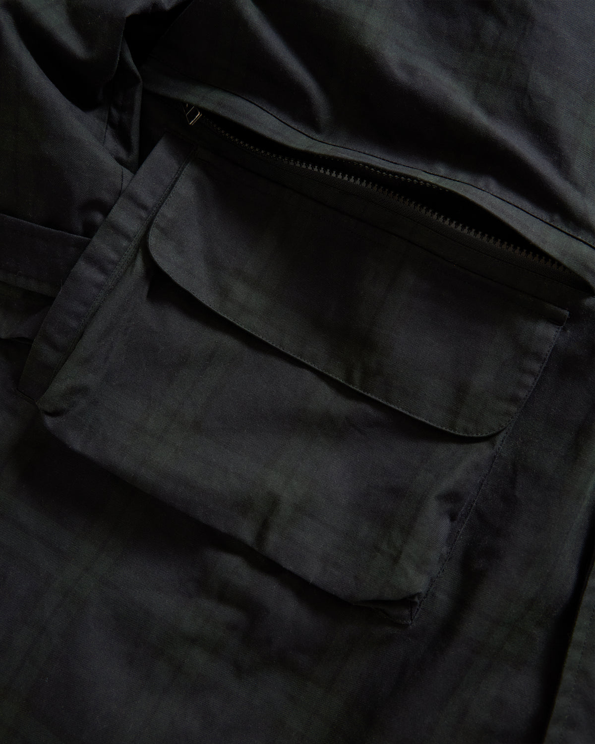 MITCHELL DUSTER COAT - BARELY BLACKWATCH BEESWAX COATED COTTON TWILL AND BLACK COTTON CORDUROY