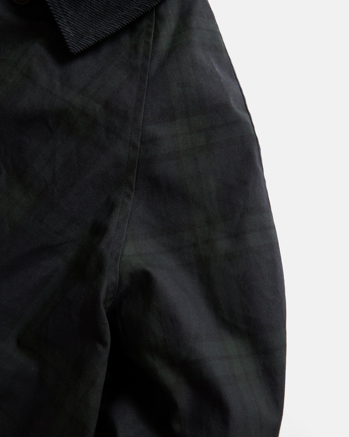 MITCHELL DUSTER COAT - BARELY BLACKWATCH BEESWAX COATED COTTON TWILL AND BLACK COTTON CORDUROY