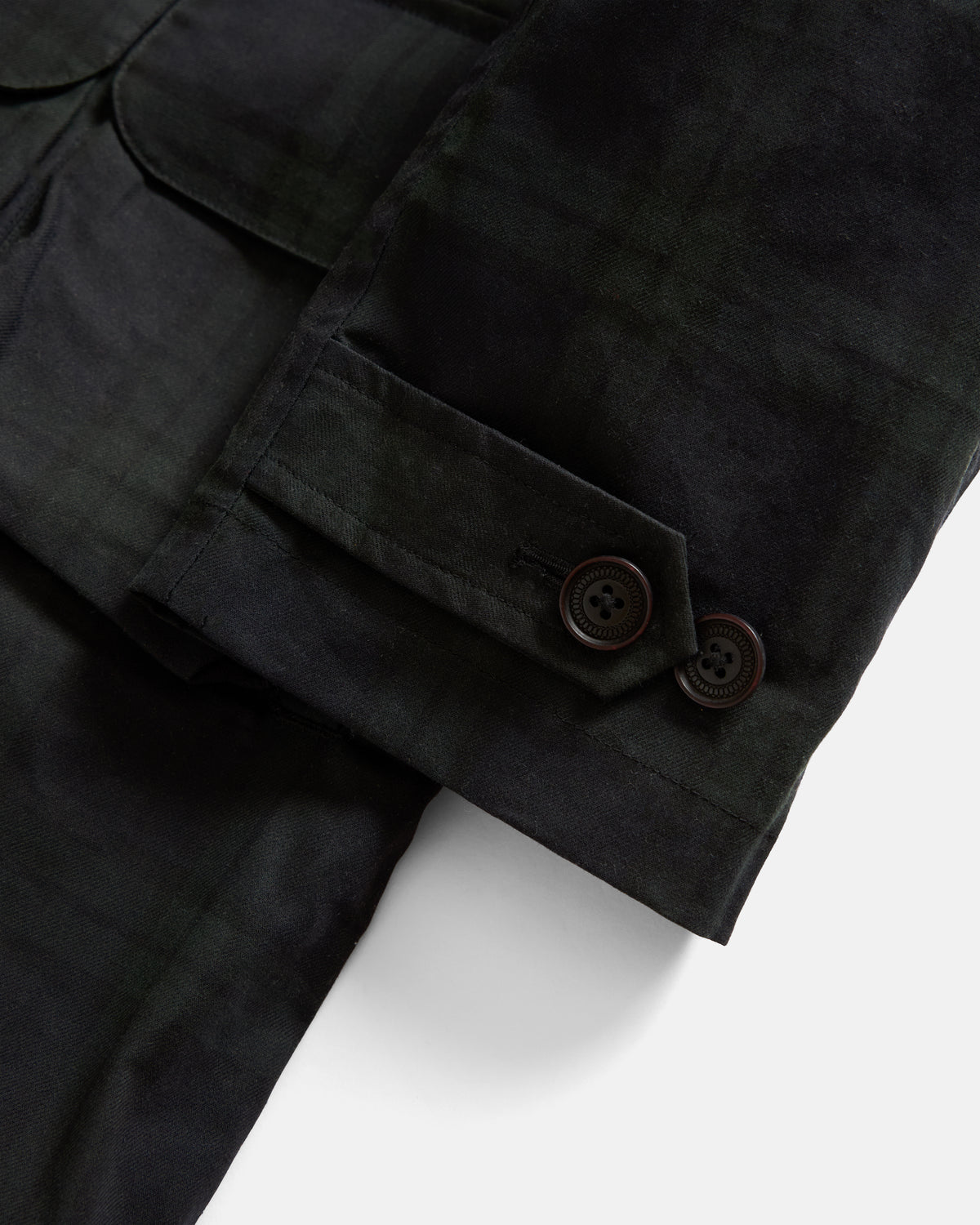 MITCHELL DUSTER COAT - BARELY BLACKWATCH BEESWAX COATED COTTON TWILL AND BLACK COTTON CORDUROY