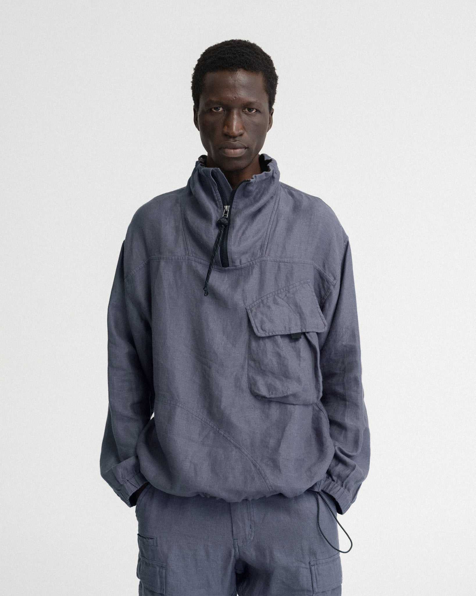CATA QUARTER ZIP SMOCK PULLOVER - TURBULENCE SLATE LINEN TWILL