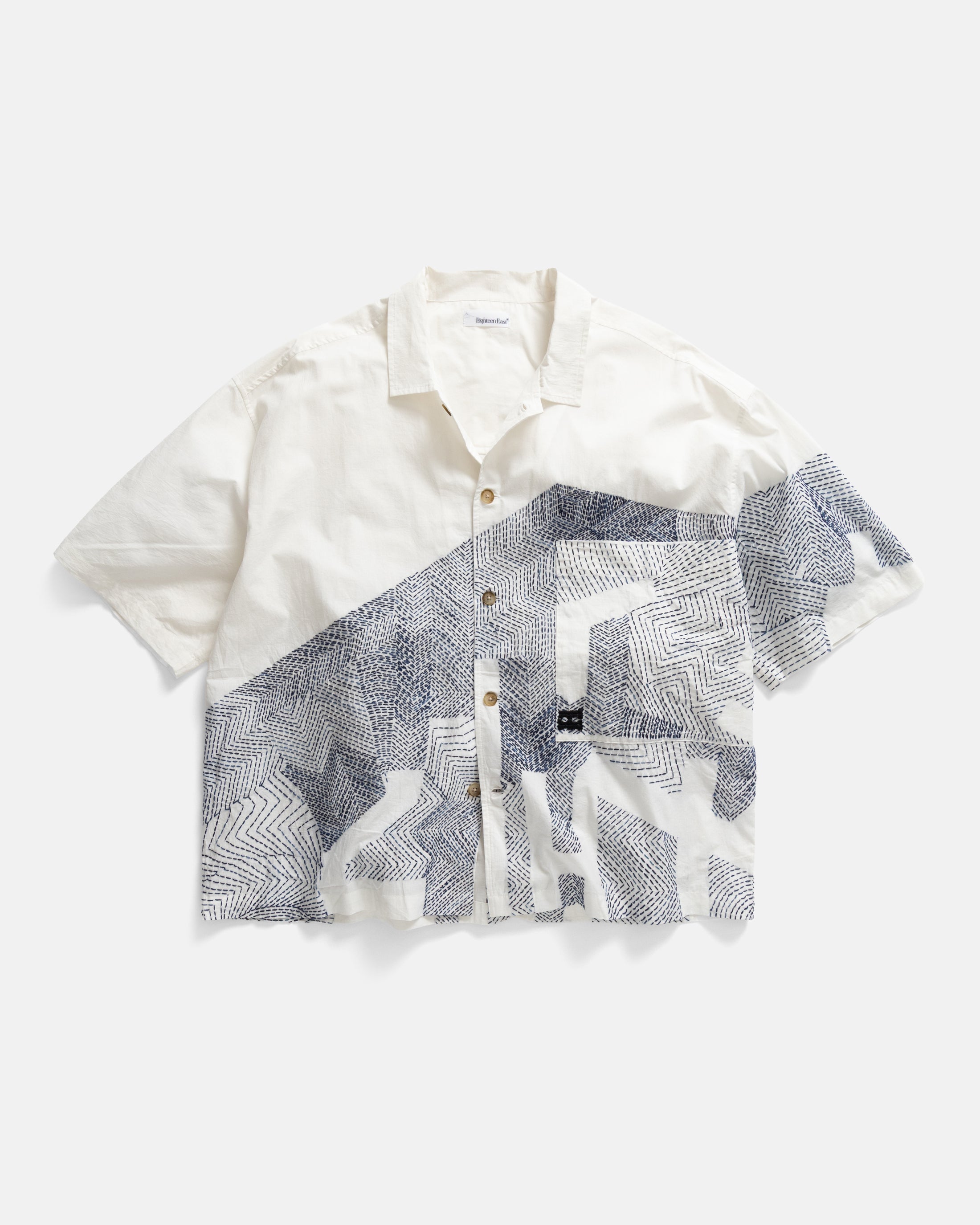 EMBARKO S/S SINGLE POCKET SAM SHIRT - WHITE / NATURAL INDIGO HAND-EMBROIDERED LIGHTWEIGHT COTTON