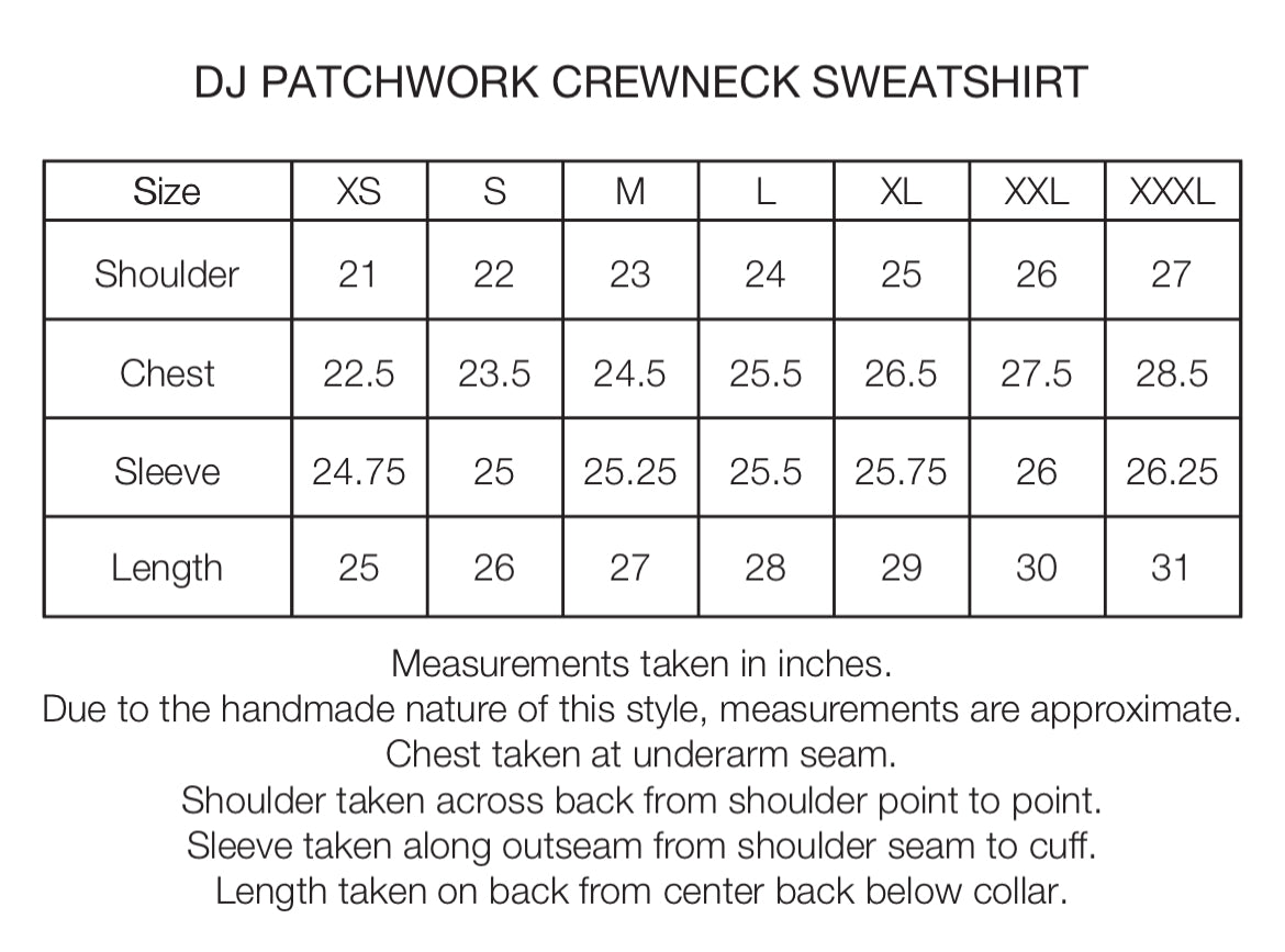 DJ CREWNECK SWEATSHIRT - WALNUT TONAL PATCHWORK  19oz. ALL COTTON FLEECE