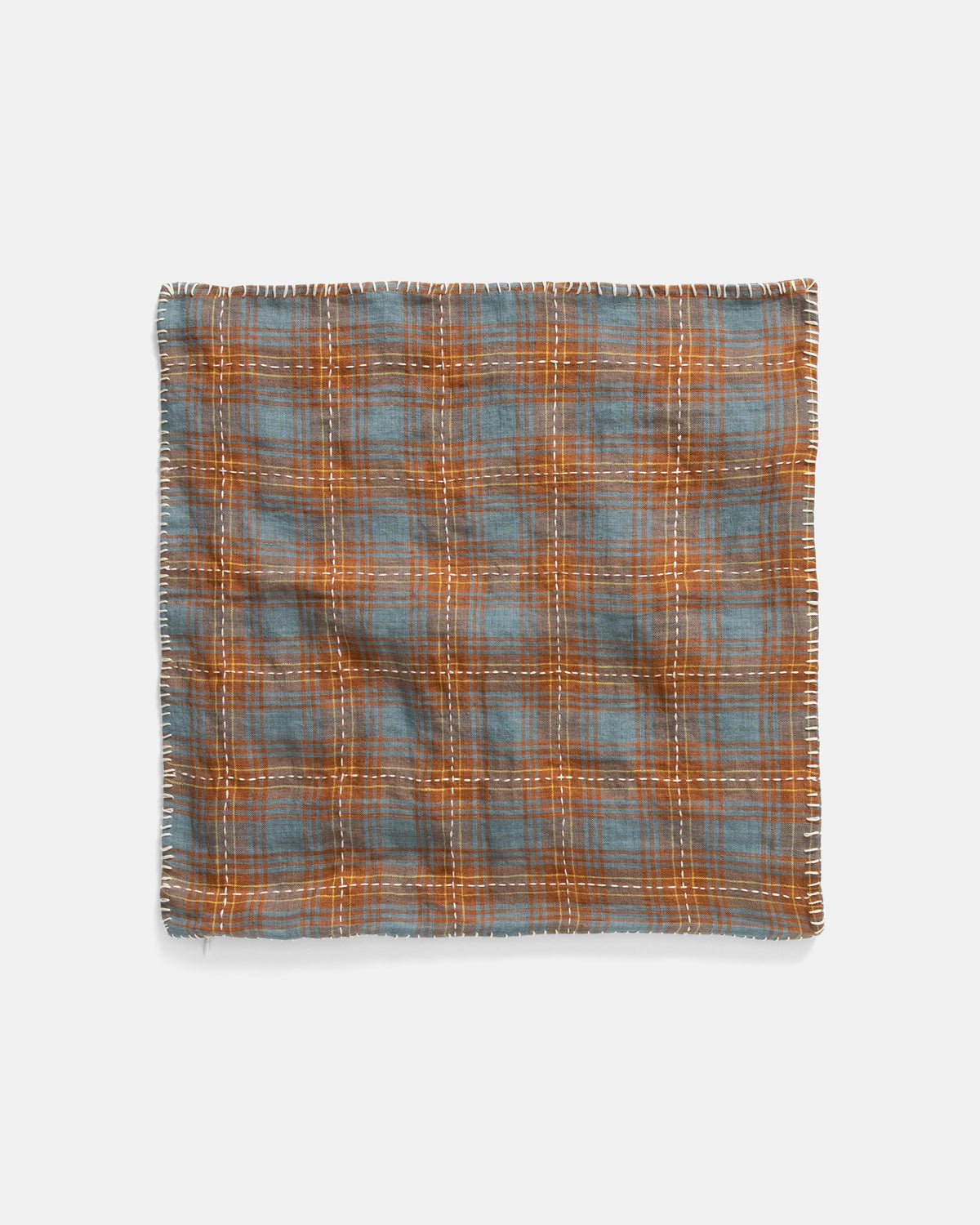 18" X 18" THROW PILLOW CASE - RUSSET BROWN / CLEAR BLUE / GOLDENROD BELGIAN LINEN PLAID WITH WHITE HAND-EMBROIDERED DECO CHECK