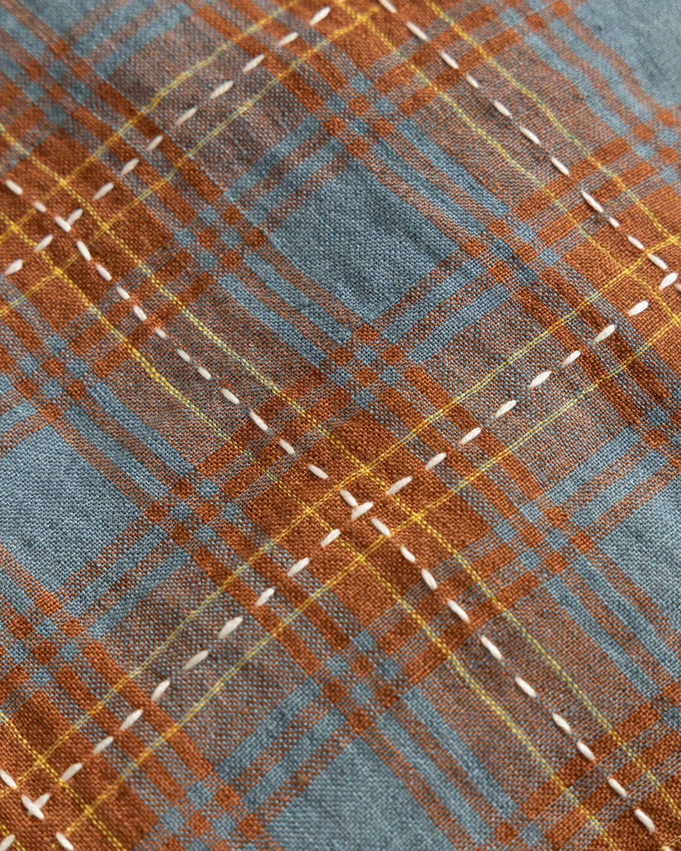 18" X 18" THROW PILLOW CASE - RUSSET BROWN / CLEAR BLUE / GOLDENROD BELGIAN LINEN PLAID WITH WHITE HAND-EMBROIDERED DECO CHECK