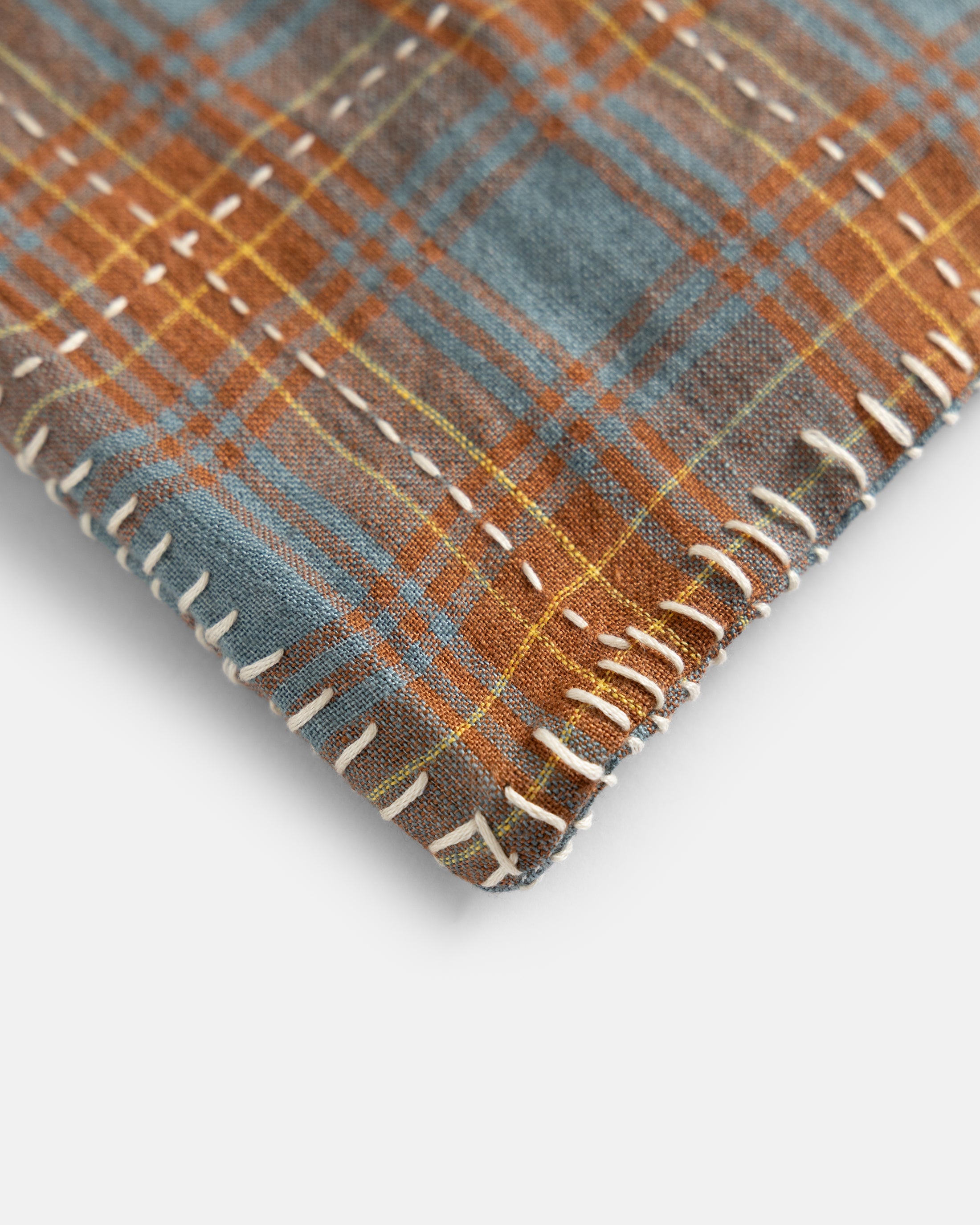 18" X 18" THROW PILLOW CASE - RUSSET BROWN / CLEAR BLUE / GOLDENROD BELGIAN LINEN PLAID WITH WHITE HAND-EMBROIDERED DECO CHECK
