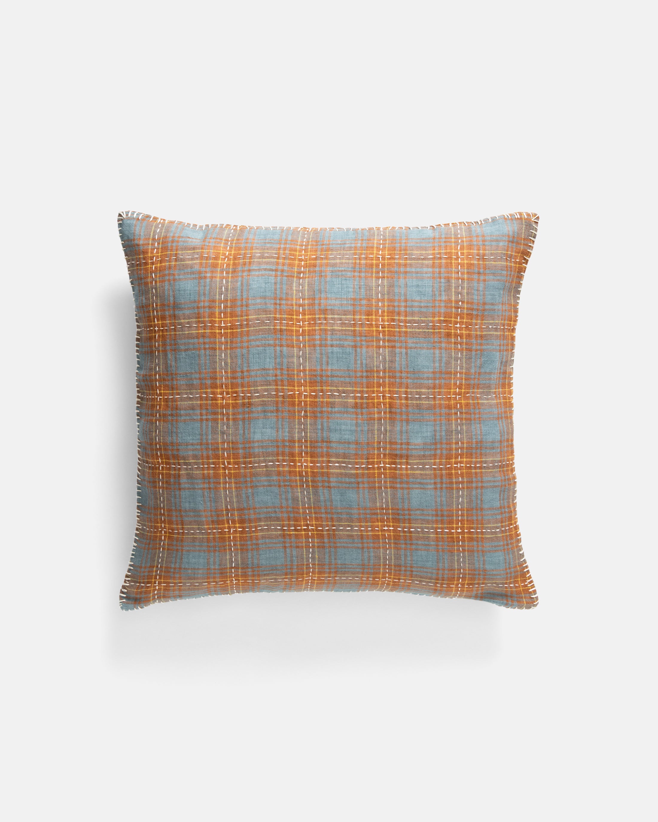 18" X 18" THROW PILLOW CASE - RUSSET BROWN / CLEAR BLUE / GOLDENROD BELGIAN LINEN PLAID WITH WHITE HAND-EMBROIDERED DECO CHECK