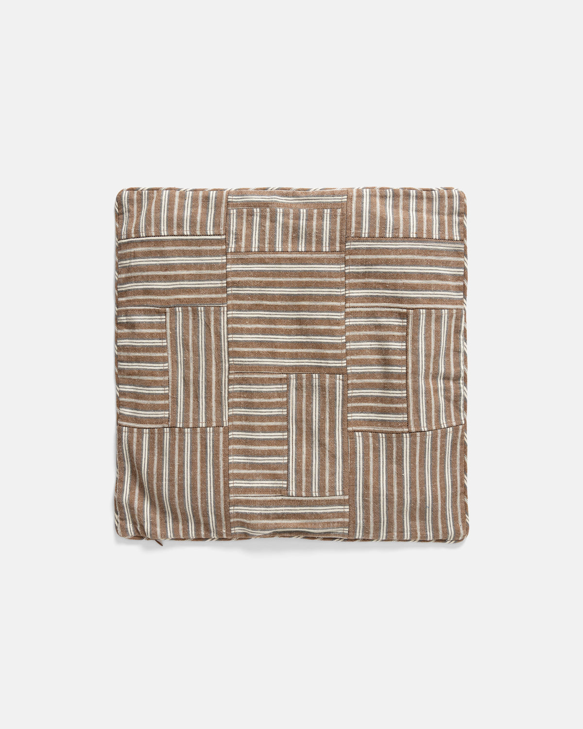 18" X 18" PIPED PATCHWORK THROW PILLOW CASE - RUSSETT BROWN / DEEP FOG / ECRU KHADI COTTON OXFORD