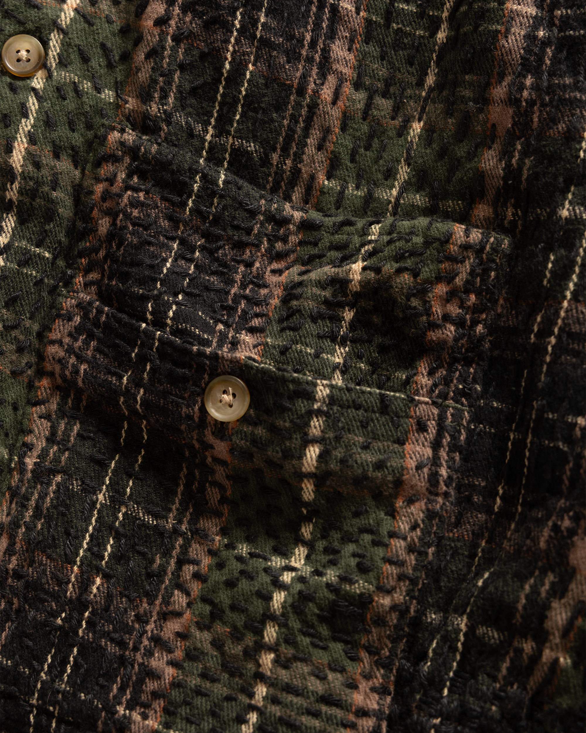 PILCHUCK HAND-EMBROIDERED OVERSHIRT - HUNTER / SHROOM / ECRU / CLAY COTTON FLANNEL WITH KANTHA STITCHING