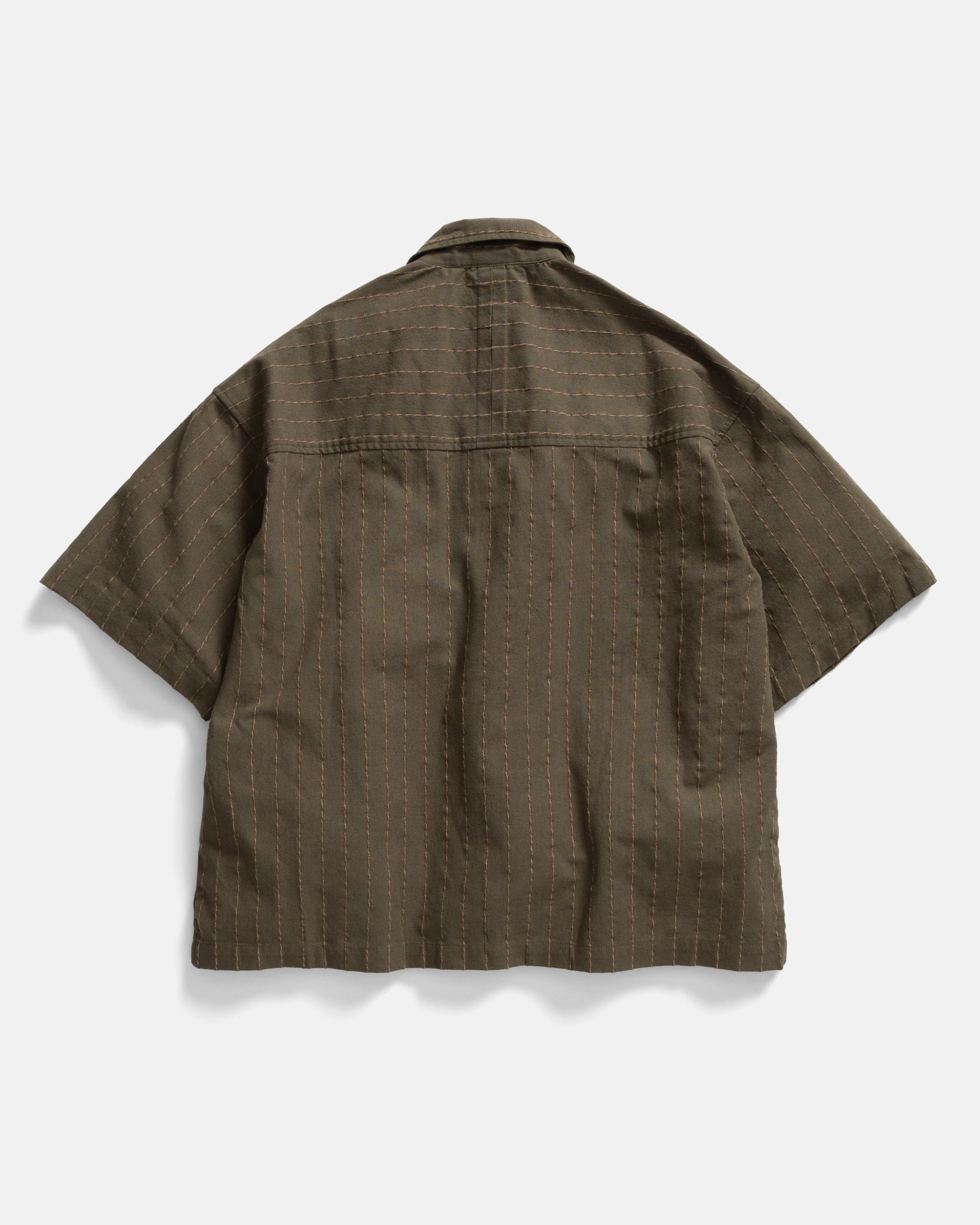 S/S SINGLE POCKET SAM SHIRT - ARMY / SAND / CHOCOLATE TWISTED STRIPE SUMMER COTTON / LINEN OXFORD