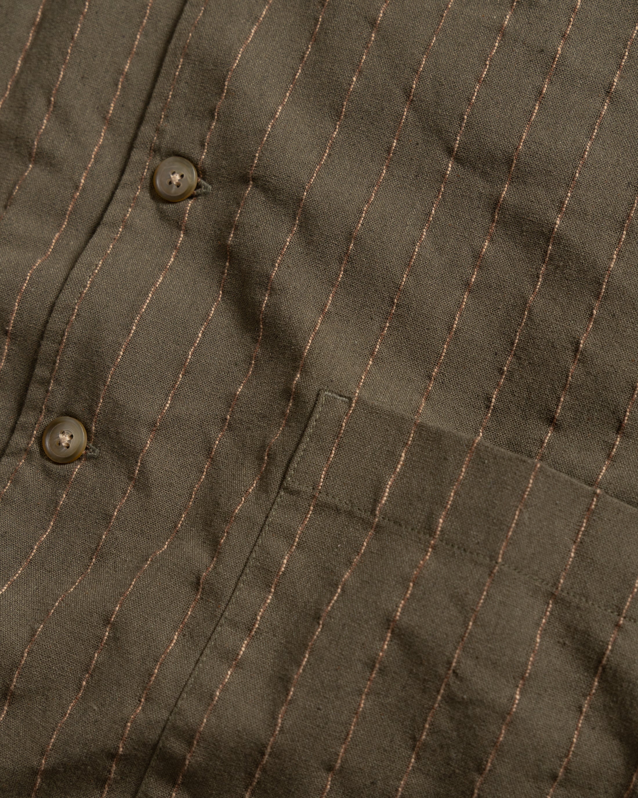 S/S SINGLE POCKET SAM SHIRT - ARMY / SAND / CHOCOLATE TWISTED STRIPE SUMMER COTTON / LINEN OXFORD