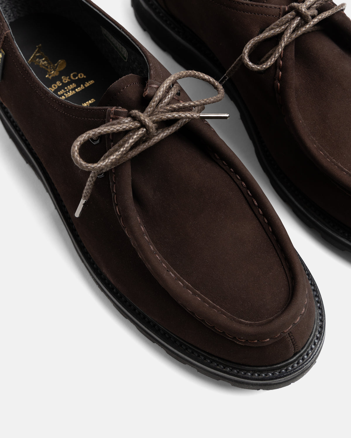 REGAL SHOE & CO. GORE-TEX TYROLEAN MOC-TOE DERBY - CHOCOLATE BROWN NUBUCK LEATHER