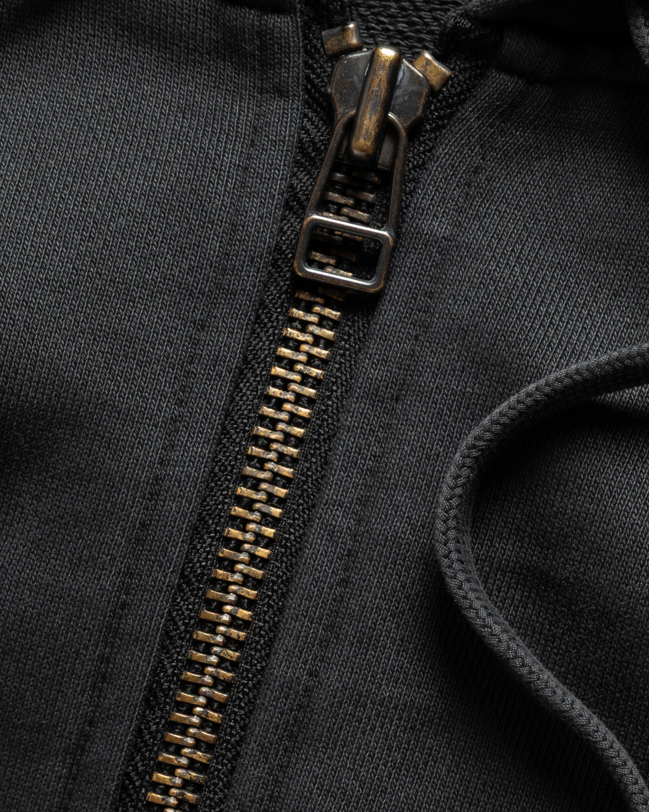 TOLMIE FULLZIP SWEATSHIRT - OVERDYED BLACK 19oz. ALL COTTON FLEECE WITH EARTH PAISLEY PRINTED LOOPBACK TERRY BACK