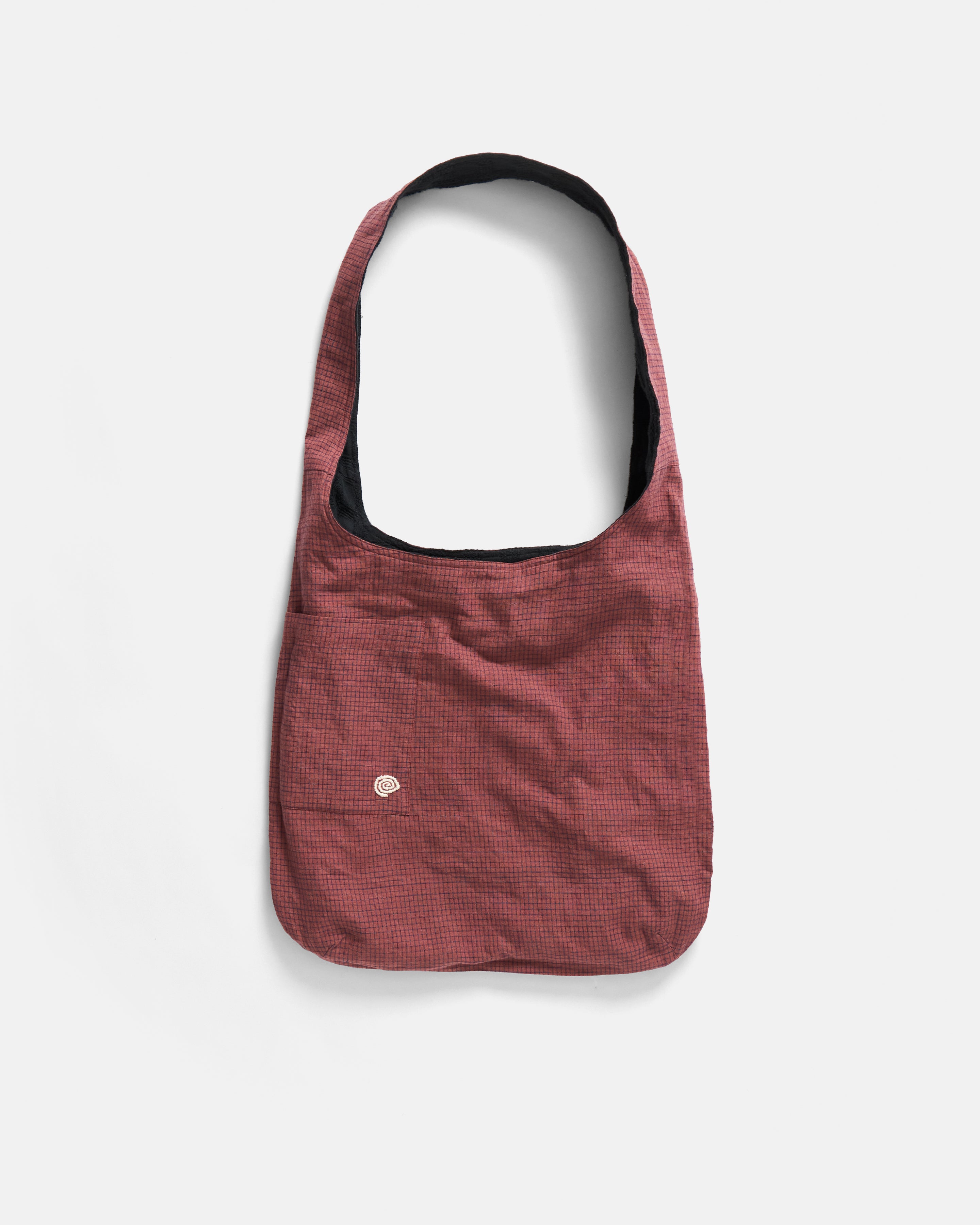 REVERSIBLE SLING BAG - BRICK & INDIGO HANDLOOM "BRICKSTOP" COTTON / WASHED BLACK COTTON 3D HANDWOVEN PLAID